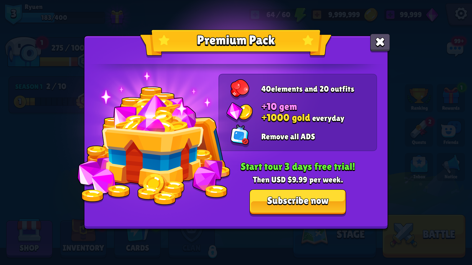 GUI Pro casual game interface popup subscription screen by 내 스토어, featuring subscribe options and engaging design elements.