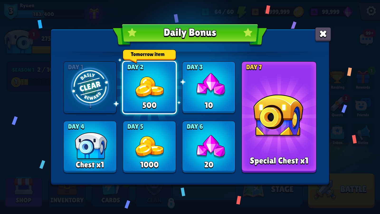 GUI Pro casual game interface by 내 스토어 showing reward week screen with colorful design and reward icons.