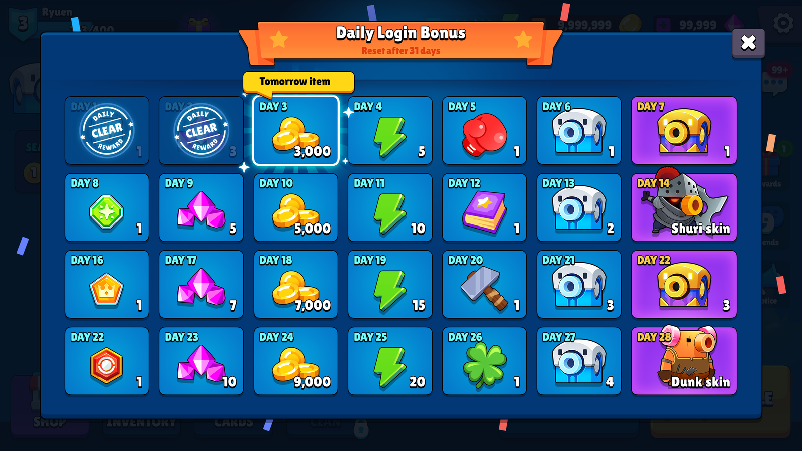 GUI Pro casual game interface design by 내 스토어, featuring reward month screen with colorful graphics and user-friendly layout.