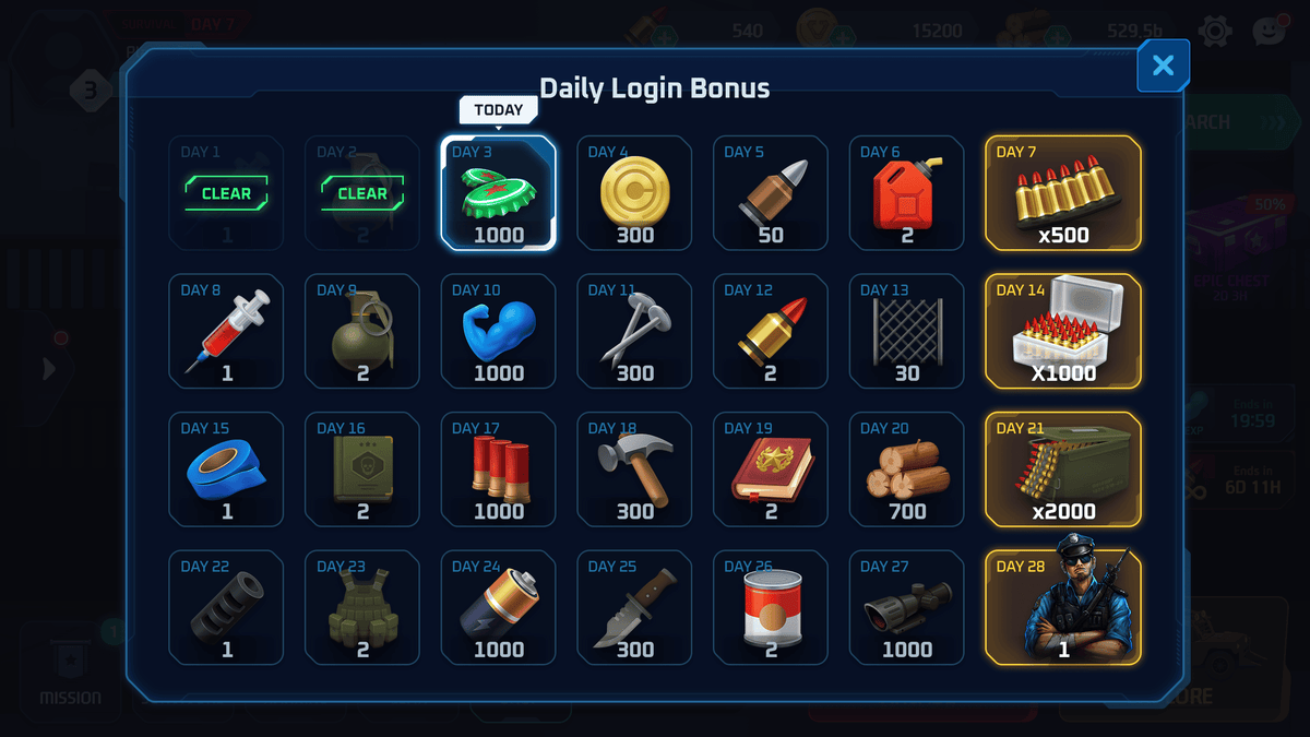 Interface screenshot of GUI Pro Survival Clean interface by LAYERLAB Shop, showing reward month notification and user options.