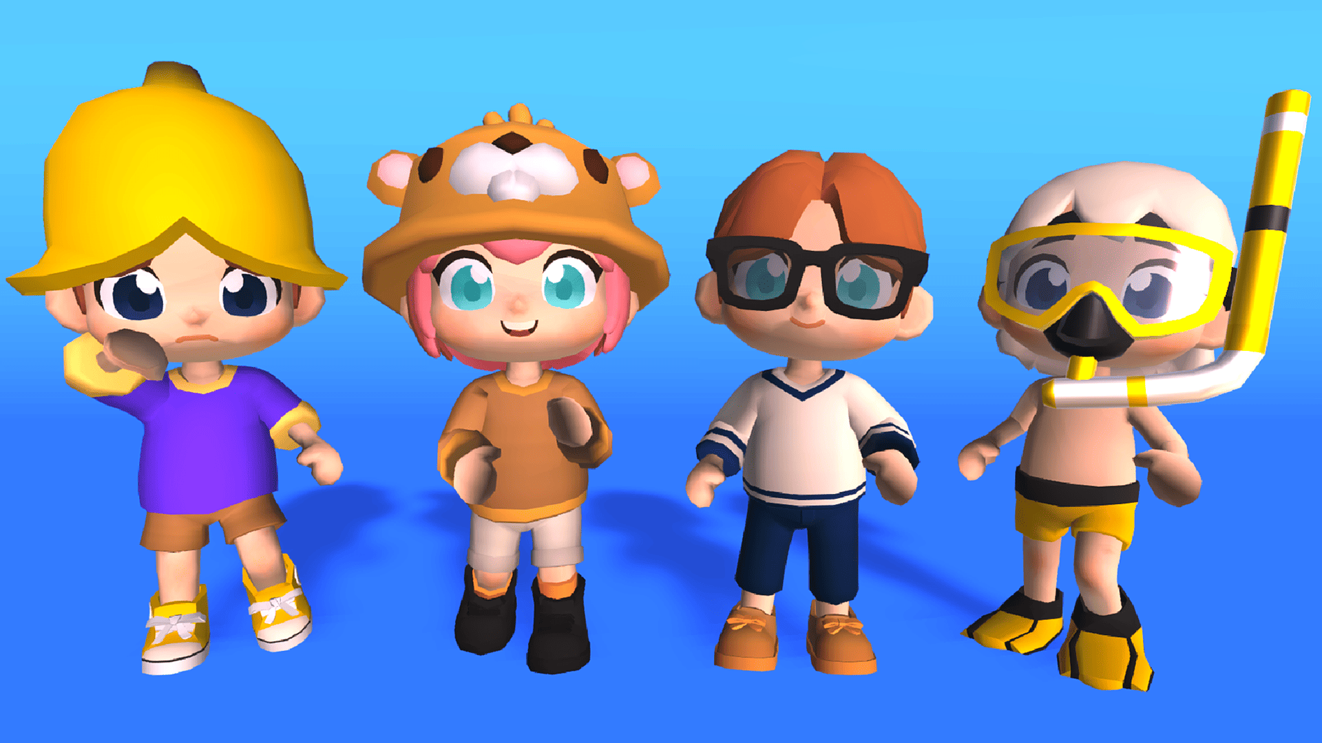 Cute 3D cartoon kid characters wearing yellow helmet, animal hoodie, glasses, and snorkeling outfit, casual costume set for stylized games, Layerlab, store.layerlab