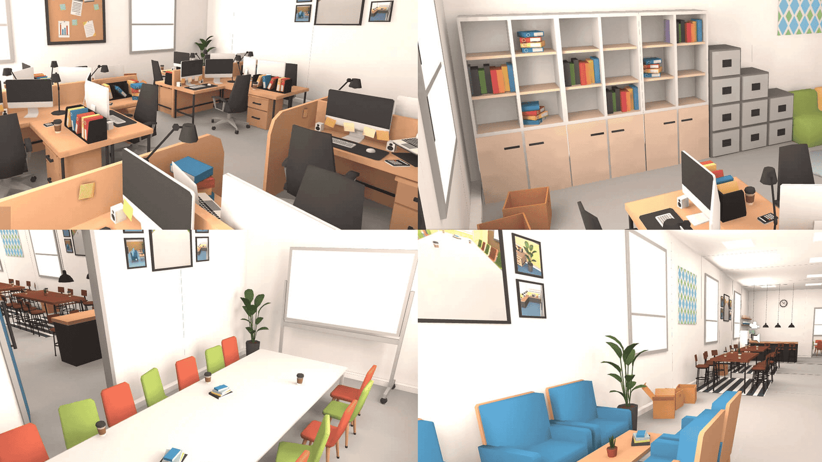 3D office interiors props by LAYERLAB Shop, including desks, chairs, and office decor in detailed 3D rendering.