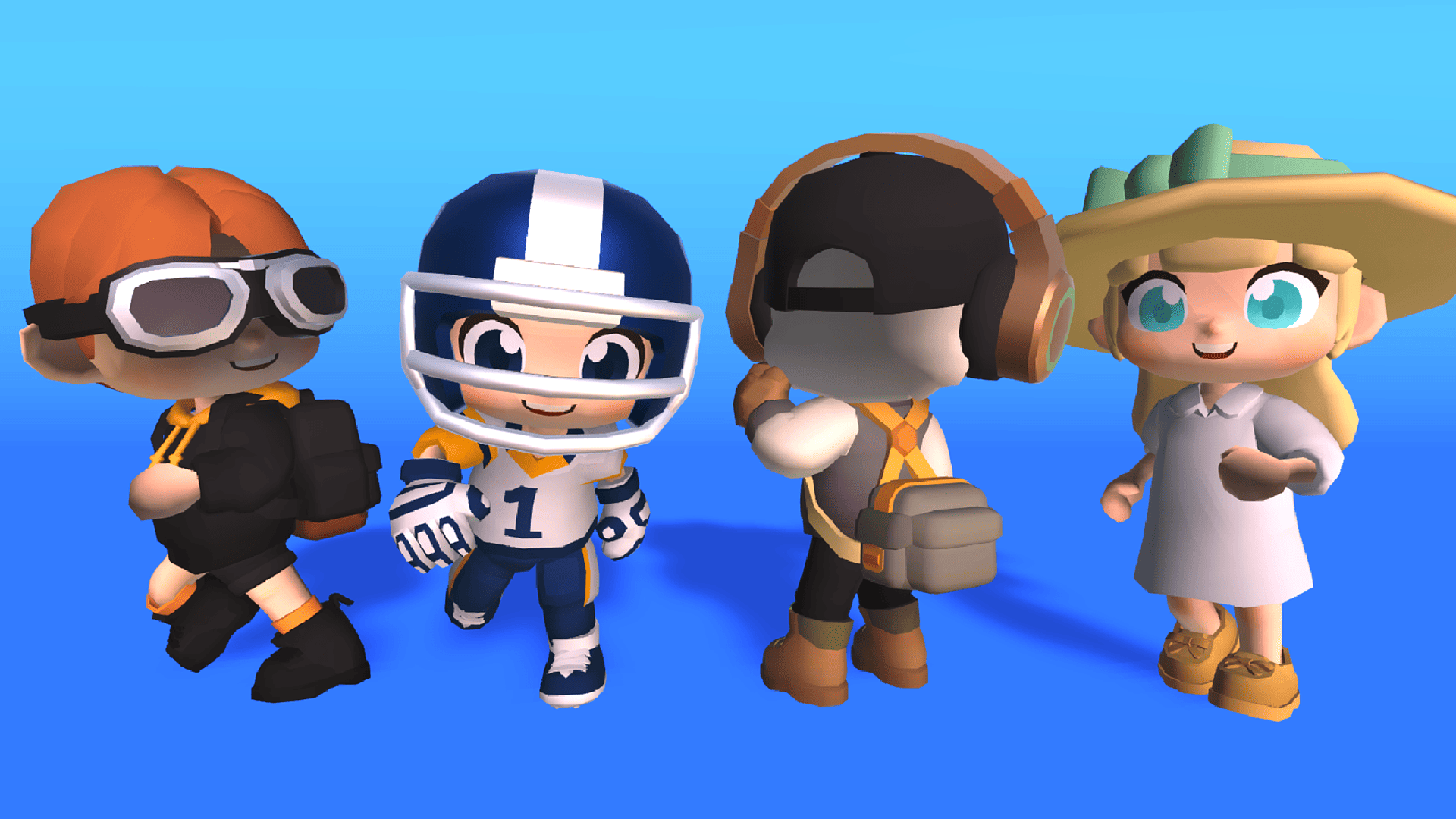 Stylized 3D cartoon kid characters in explorer, football, pilot, and traveler outfits, casual adventure costume set, Layerlab, store.layerlab