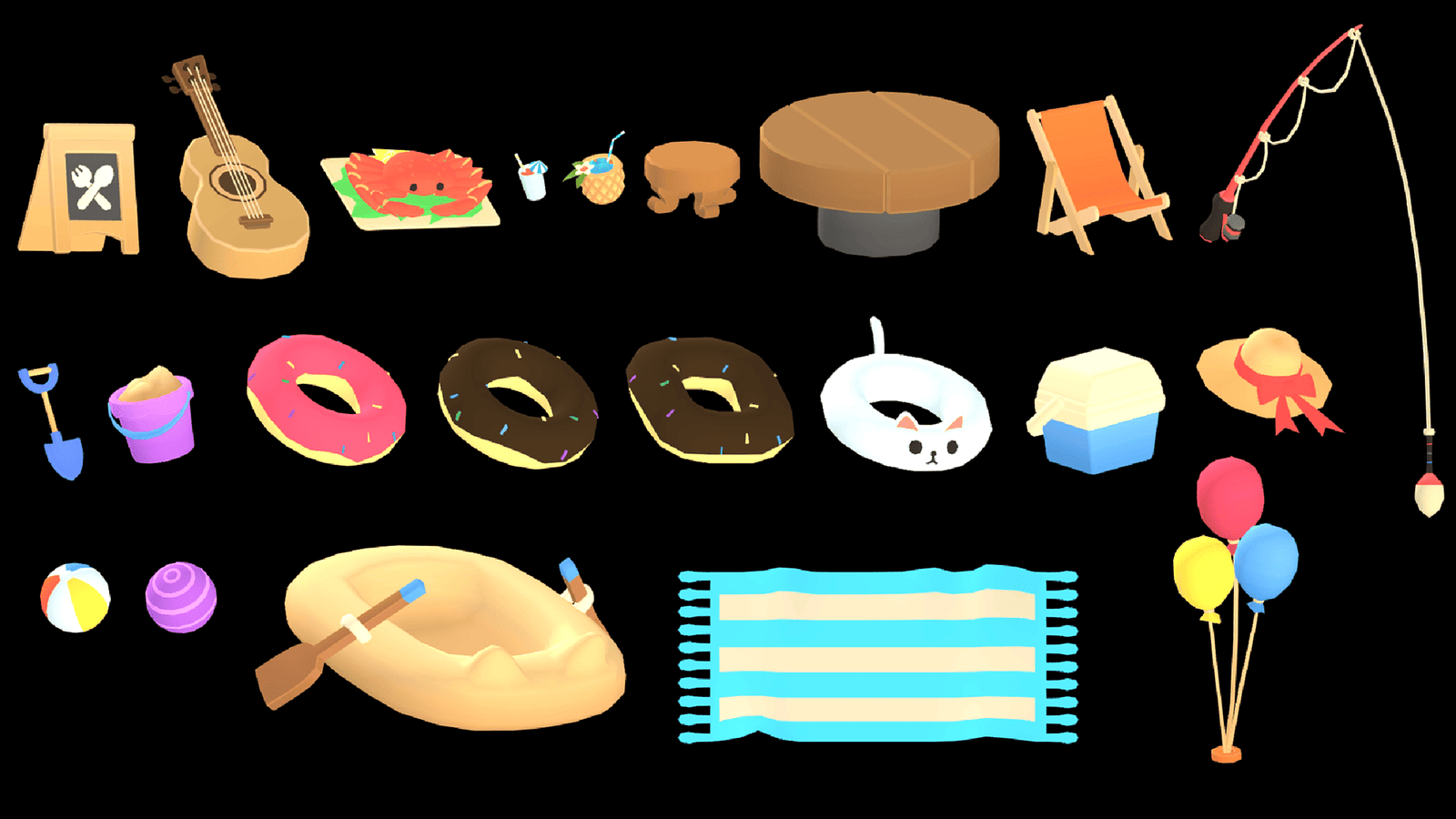 3D casual beach props from LAYERLAB Shop, featuring realistic sand, seashells, and beach accessories for creative projects.