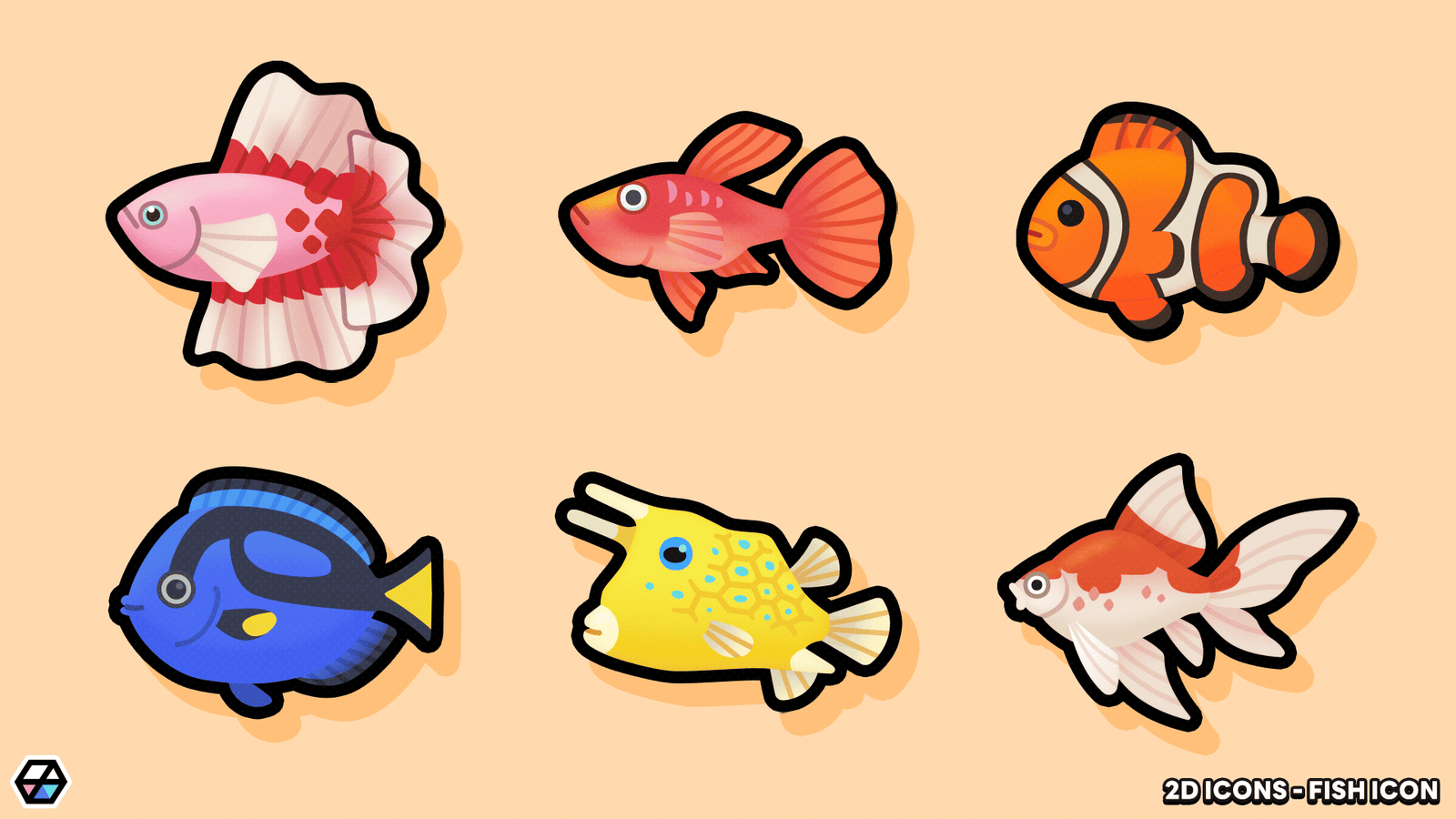 Layerlab Shop 2D Fish Icon, colorful digital icon for user interface or design projects, featuring a stylized fish illustration.