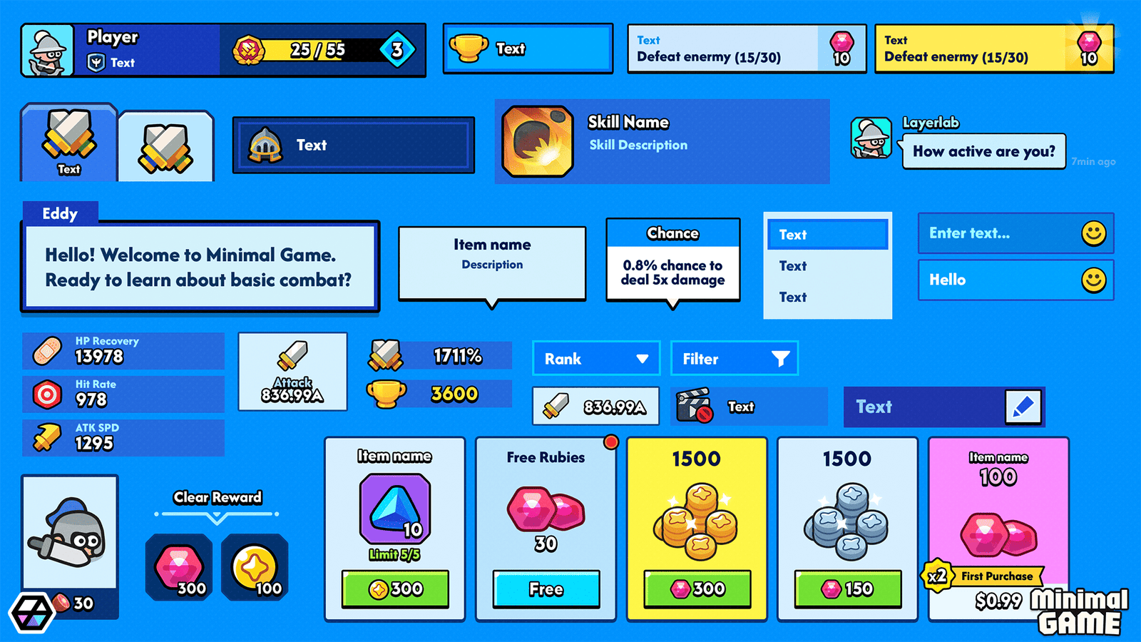 Minimal blue game interface design by LAYERLAB Shop for GUI Pro, featuring clean layout and gaming elements in a digital screenshot.