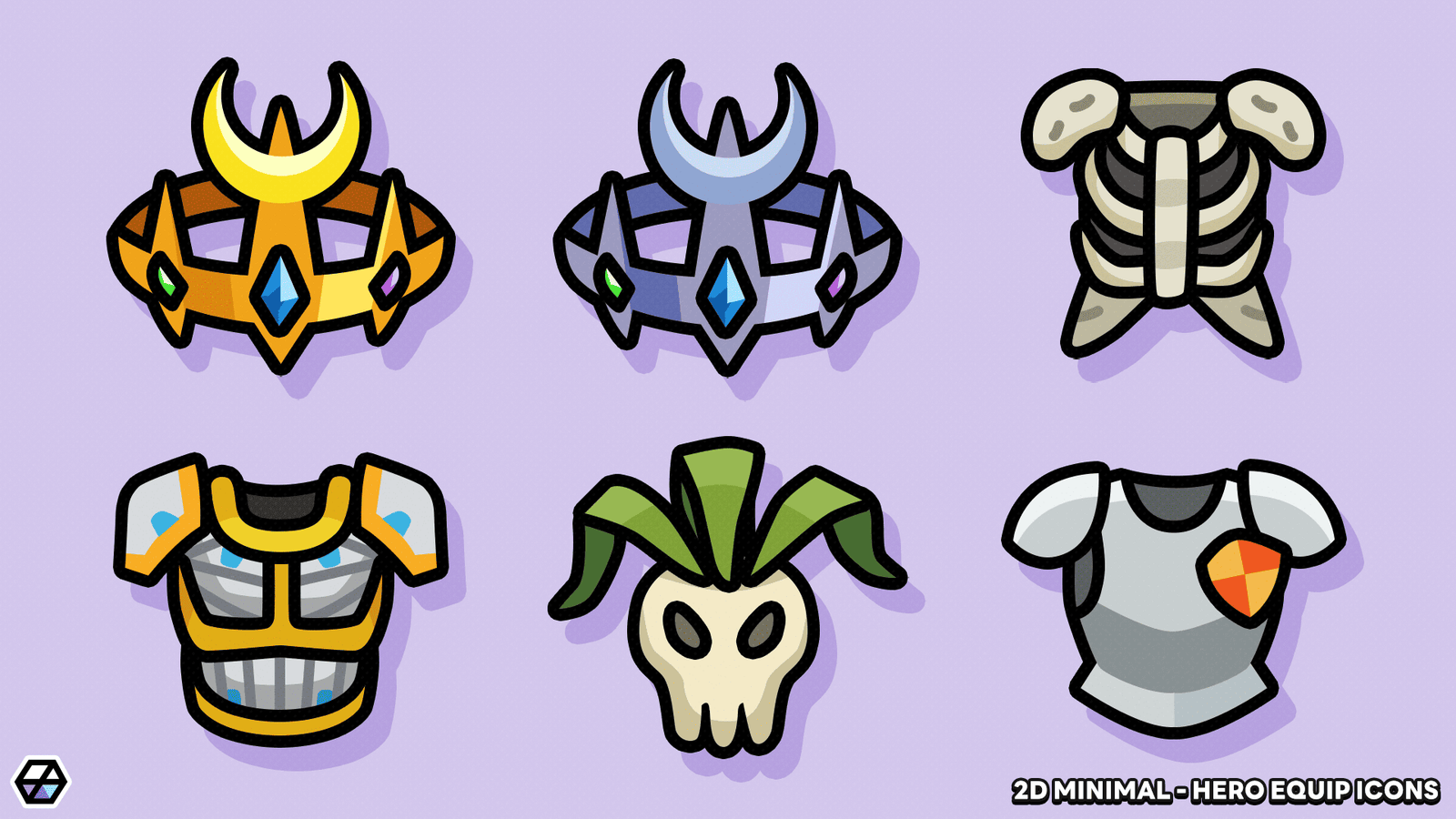 2D minimal hero equipment icons by LAYERLAB Shop, featuring clean, simple designs of various game gear and accessories.