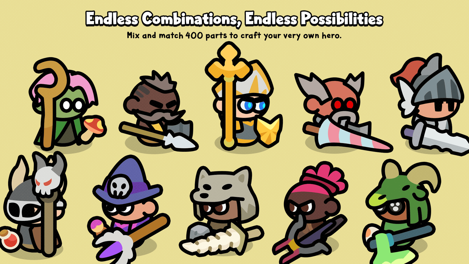 2D Minimal Character Maker by LAYERLAB Shop featuring colorful, simple cartoon characters with various facial expressions and outfits.