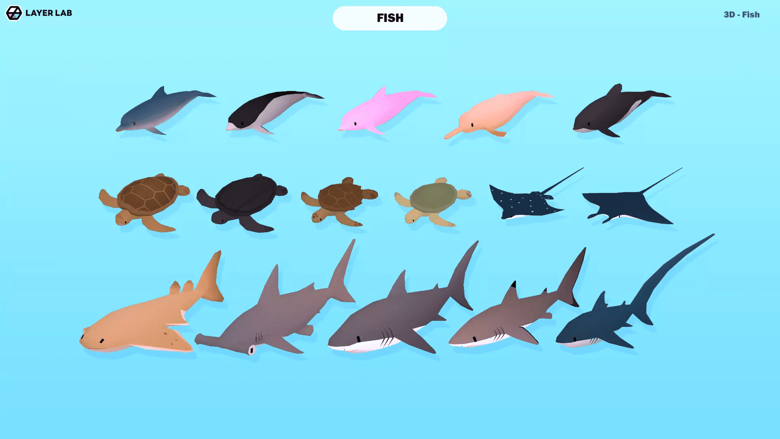 3D fish character model by LAYERLAB Shop, detailed and colorful digital art of a cartoon-style aquatic fish.