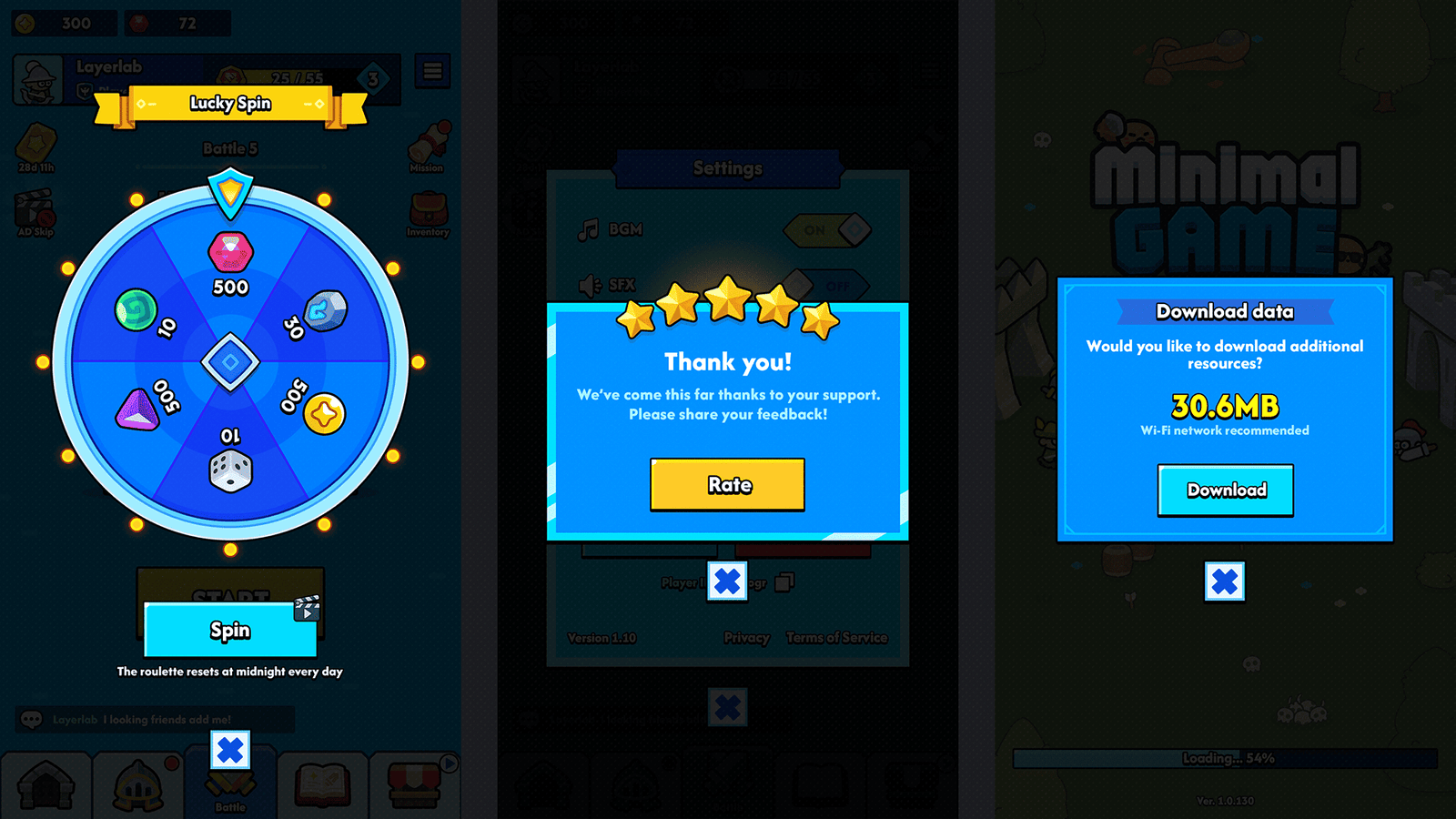 Minimal blue GUI pro interface design by LAYERLAB Shop, featuring clean game-themed interface elements and layered PSD files.