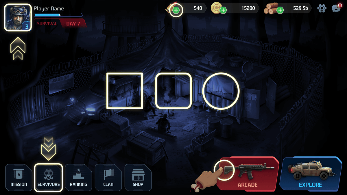 Interface screenshot of GUI Pro Survival Clean interface by LAYERLAB Shop, showing lobby and tutorial focus elements.