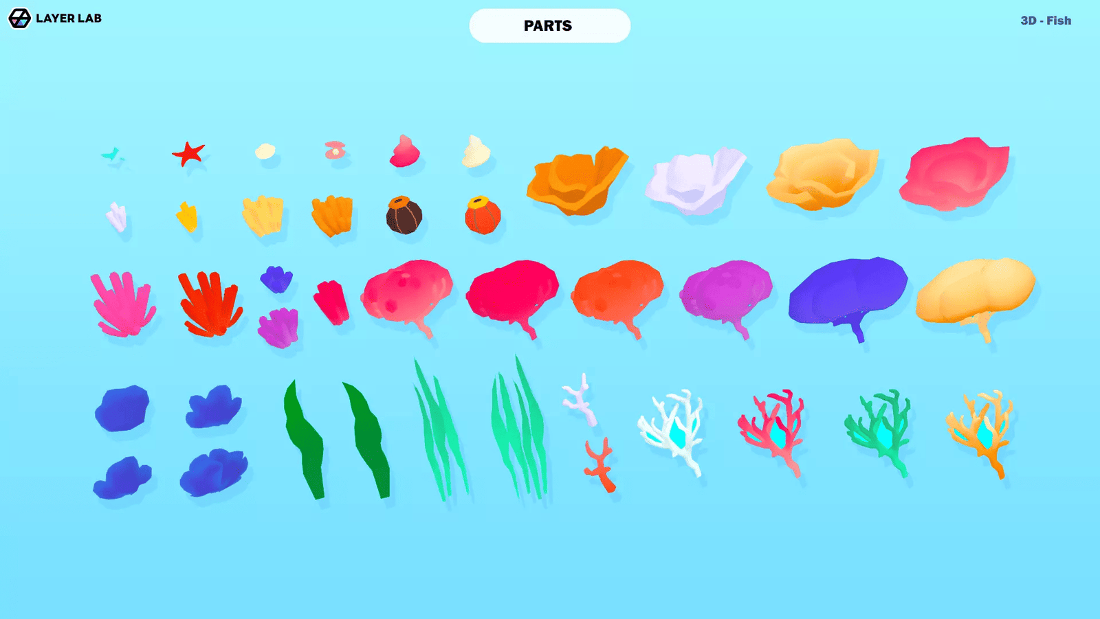 3D fish character model by LAYERLAB Shop, detailed colorful aquatic creature with fins and scales in a vibrant design.