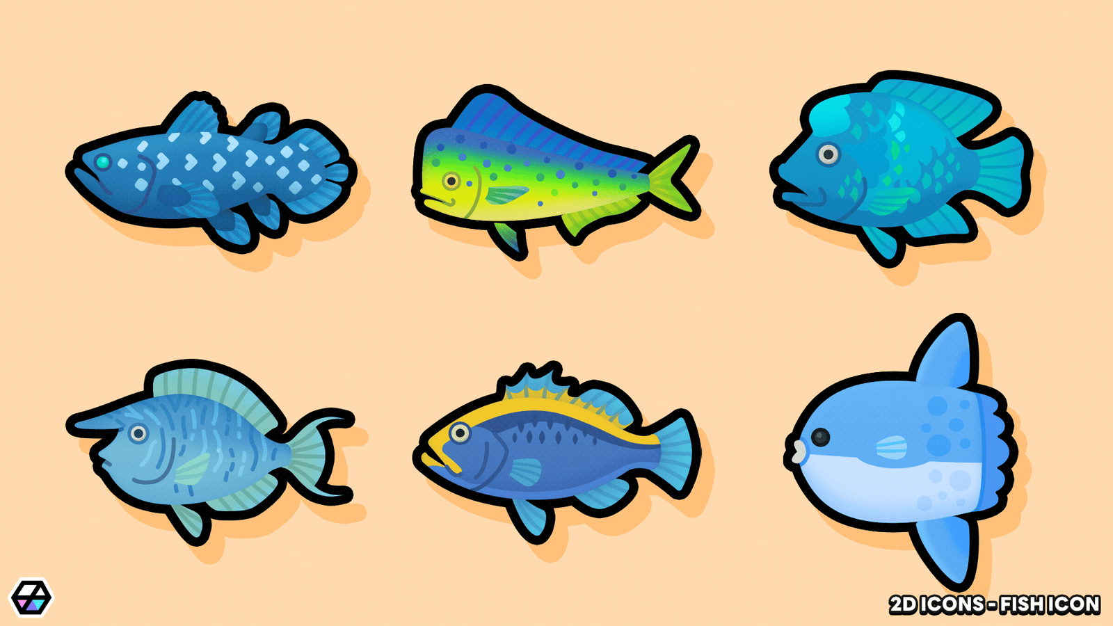 LayerLab Shop 2D fish icon, a simple and colorful digital icon representing a fish for use in design projects.