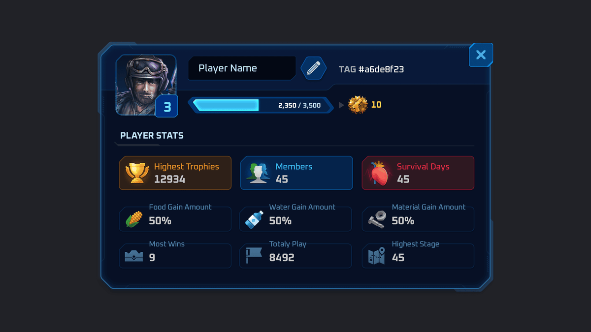 Interface screenshot showing GUI Pro Survival Clean interface with user info panel and design elements by LAYERLAB Shop.