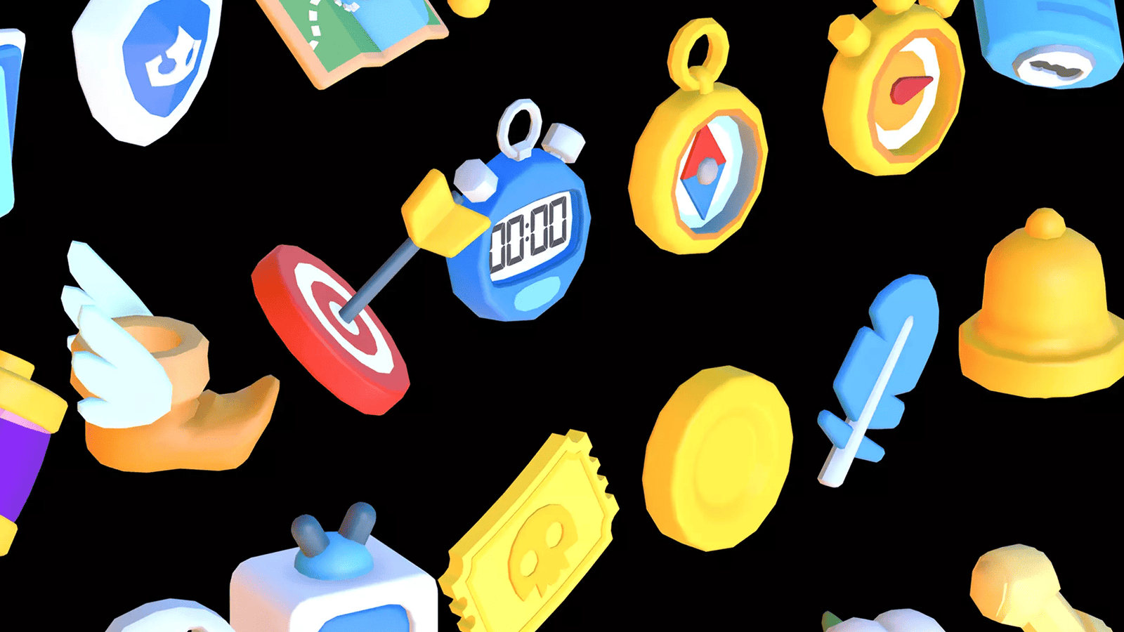 3D Game Basic1 icons by LAYERLAB Shop, colorful geometric shapes representing game-related symbols in a 3D style.