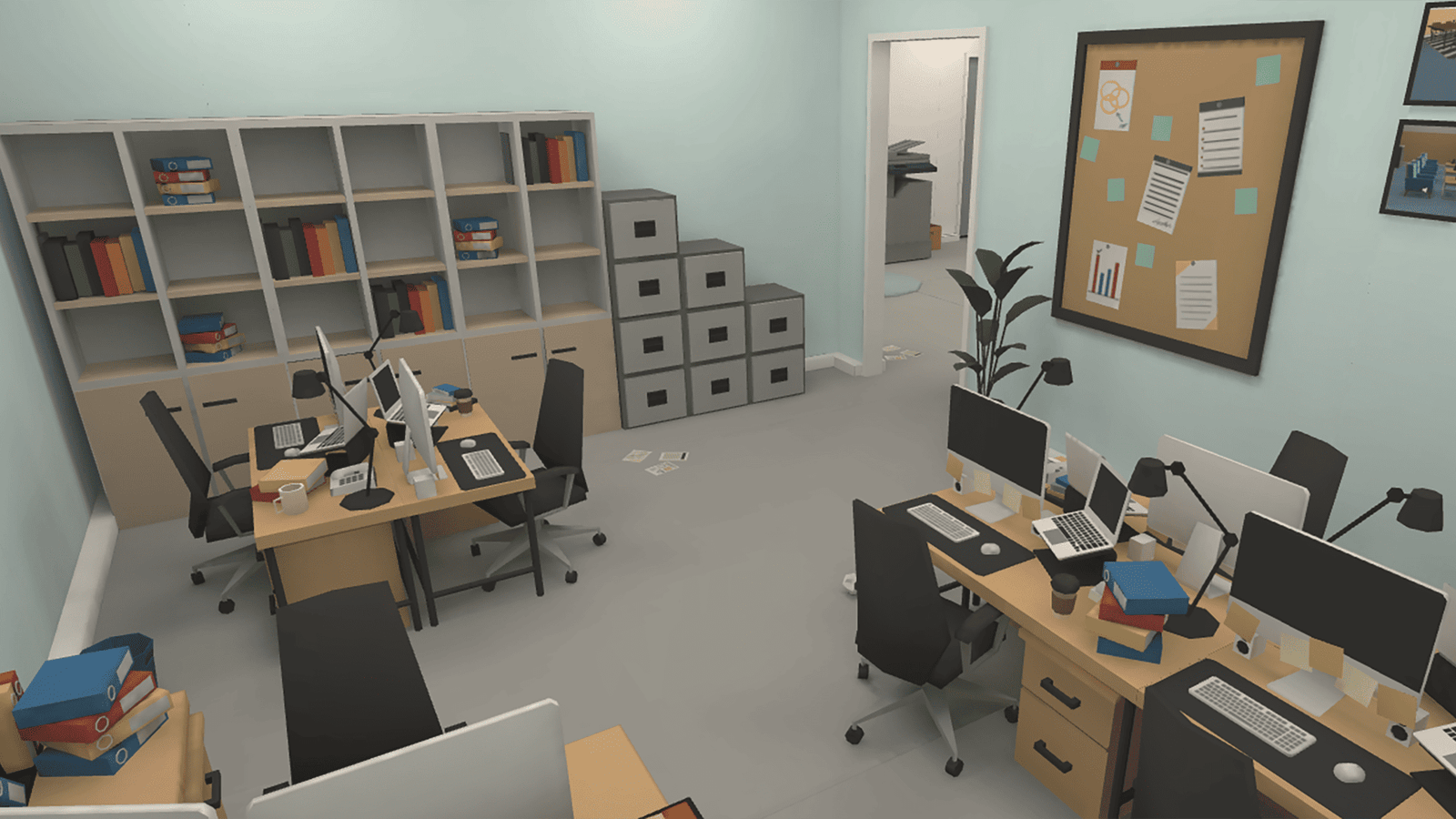 3D Office Interiors props by LAYERLAB Shop, showing modern desk, chair, and office decor in a realistic 3D rendering.