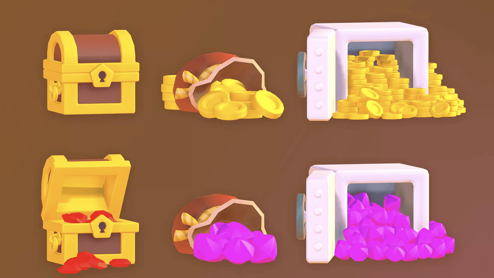 Colorful 3D game icons from LAYERLAB Shop, featuring various basic design elements on a white background.