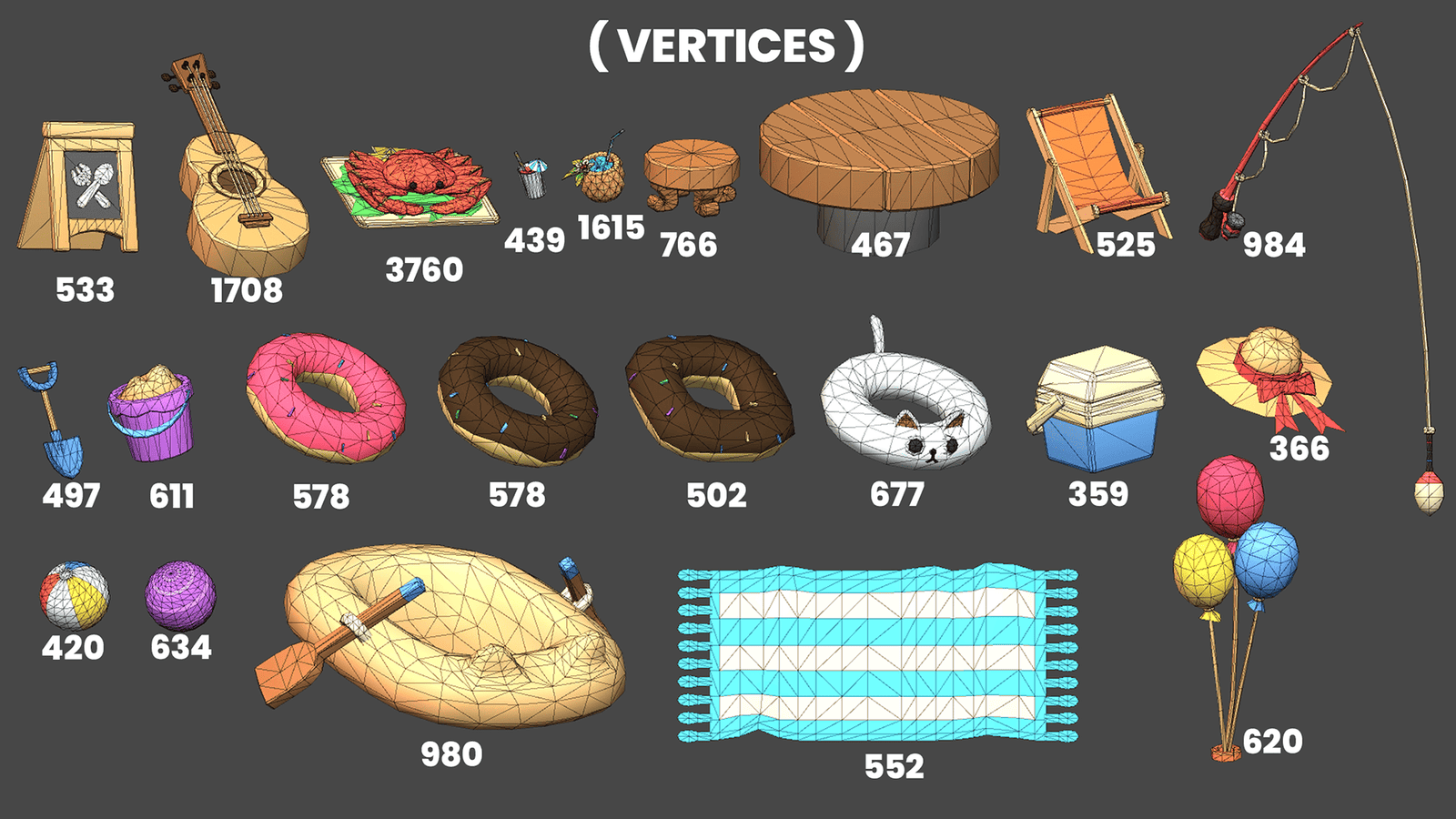 3D casual beach props from LAYERLAB Shop, including sand, umbrellas, and lounge chairs for realistic beach scene.