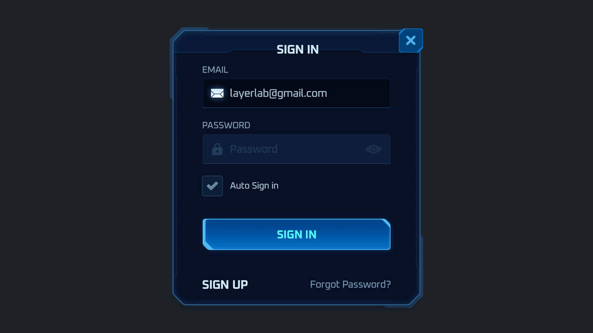 GUI Pro Survival Clean interface popup sign-in screen by LAYERLAB Shop, showing login fields and design elements.