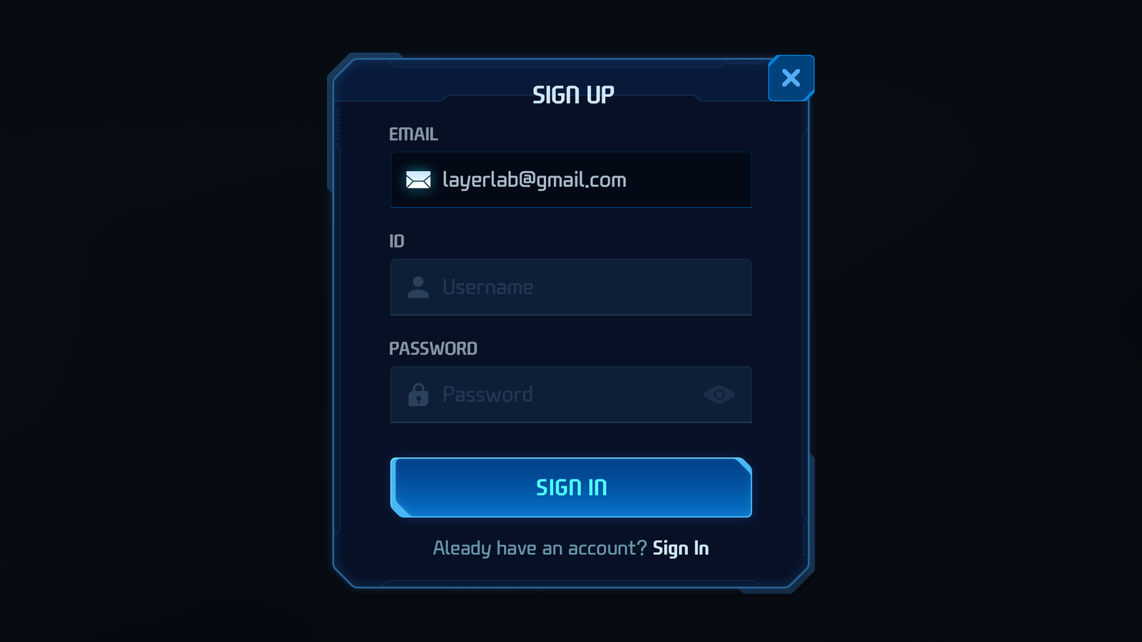 GUI Pro Survival Clean interface popup screen by LAYERLAB Shop, showing signup form with modern design elements.