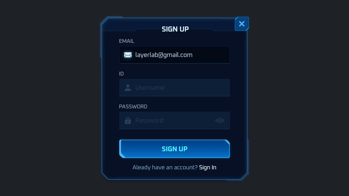 GUI Pro Survival Clean interface popup screen by LAYERLAB Shop, showing signup form with modern design elements.