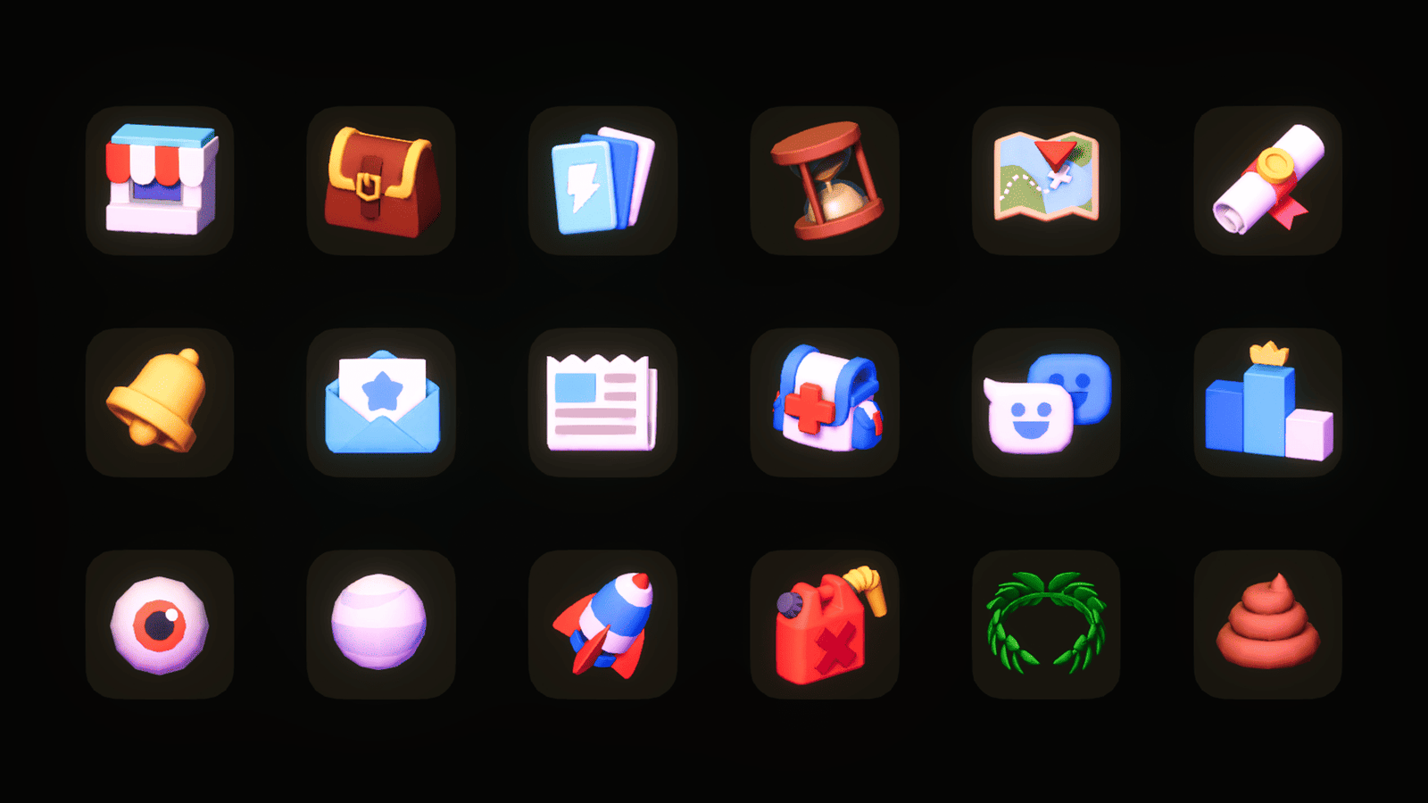 Colorful 3D Game Basic1 icons from LAYERLAB Shop, featuring various gaming-themed symbols in vibrant 3D design.