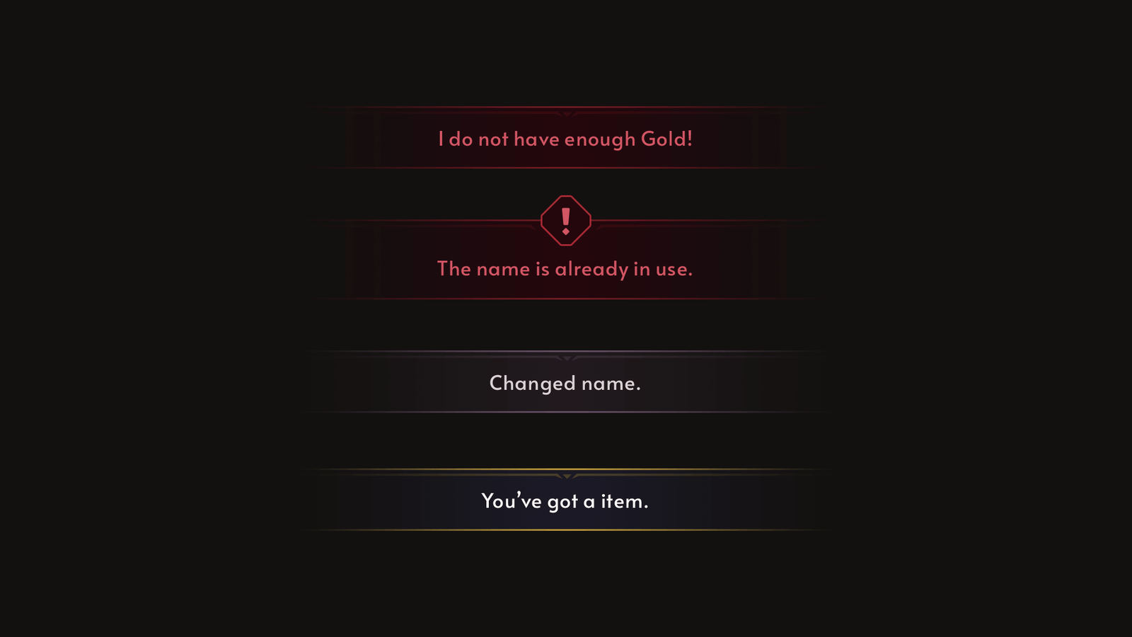 Fantasy RPG mobile game system message popup UI showing alerts such as not enough gold, name already in use, or item obtained, Layerlab, store.layerlab