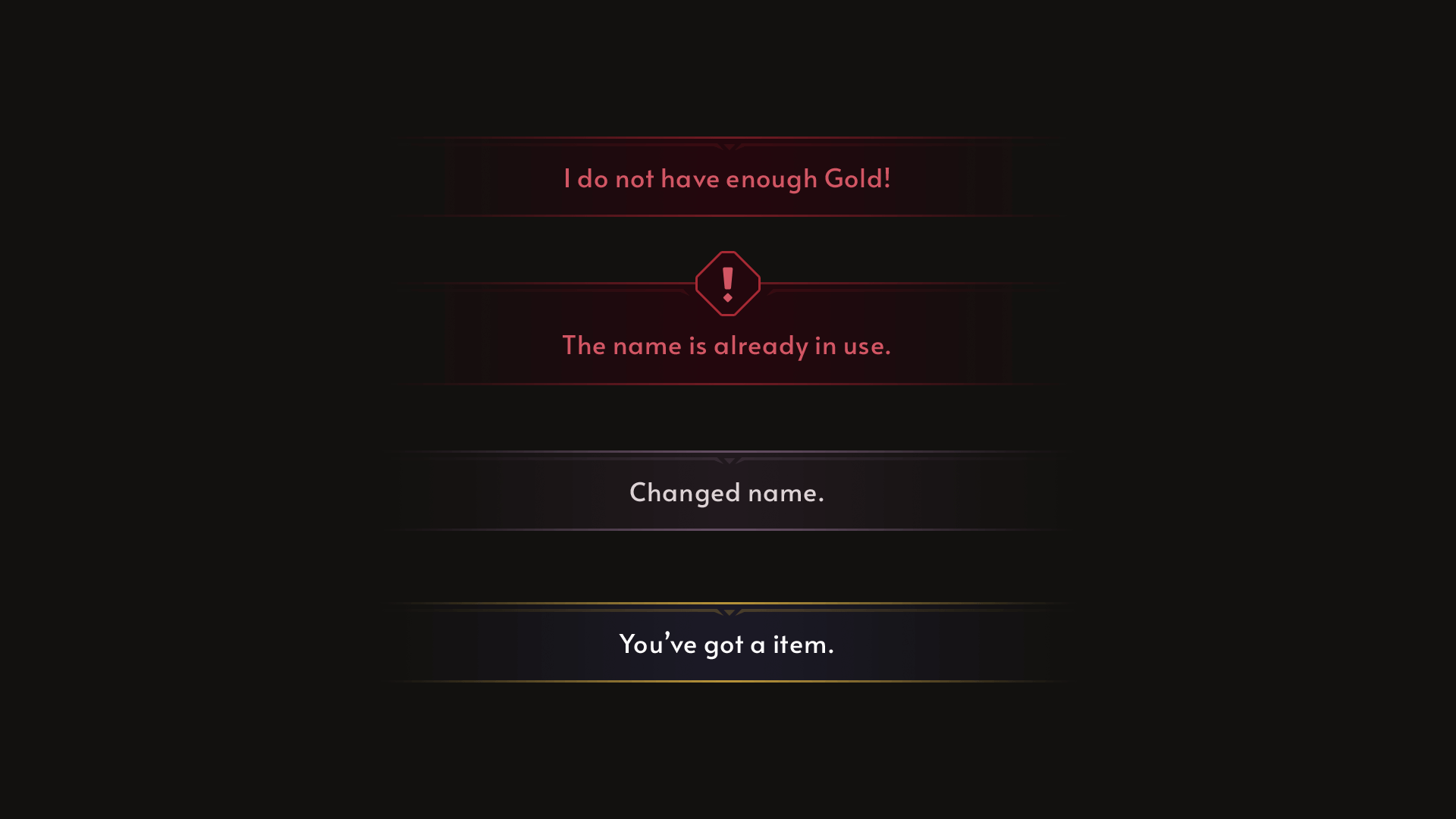 Fantasy RPG mobile game system message popup UI showing alerts such as not enough gold, name already in use, or item obtained, Layerlab, store.layerlab