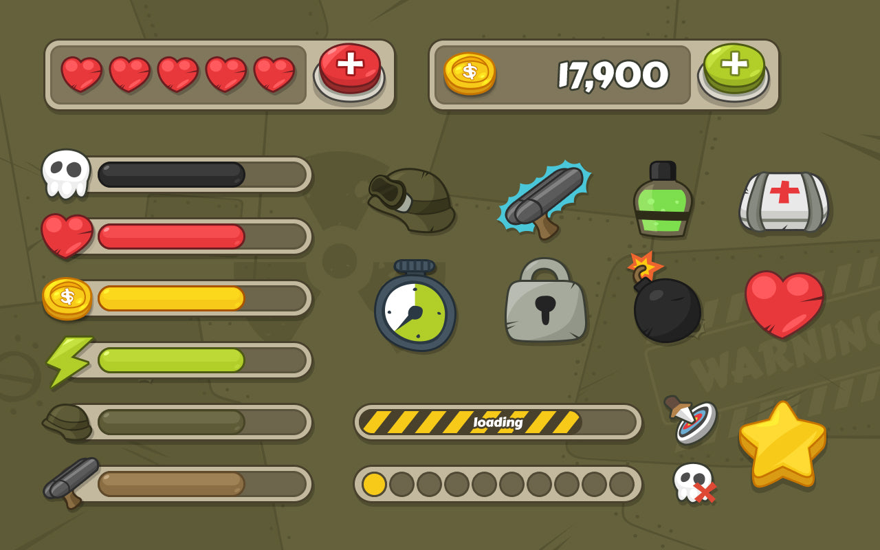 Cartoon military-themed interface design by LAYERLAB Shop showing various military icons and elements in a colorful style.