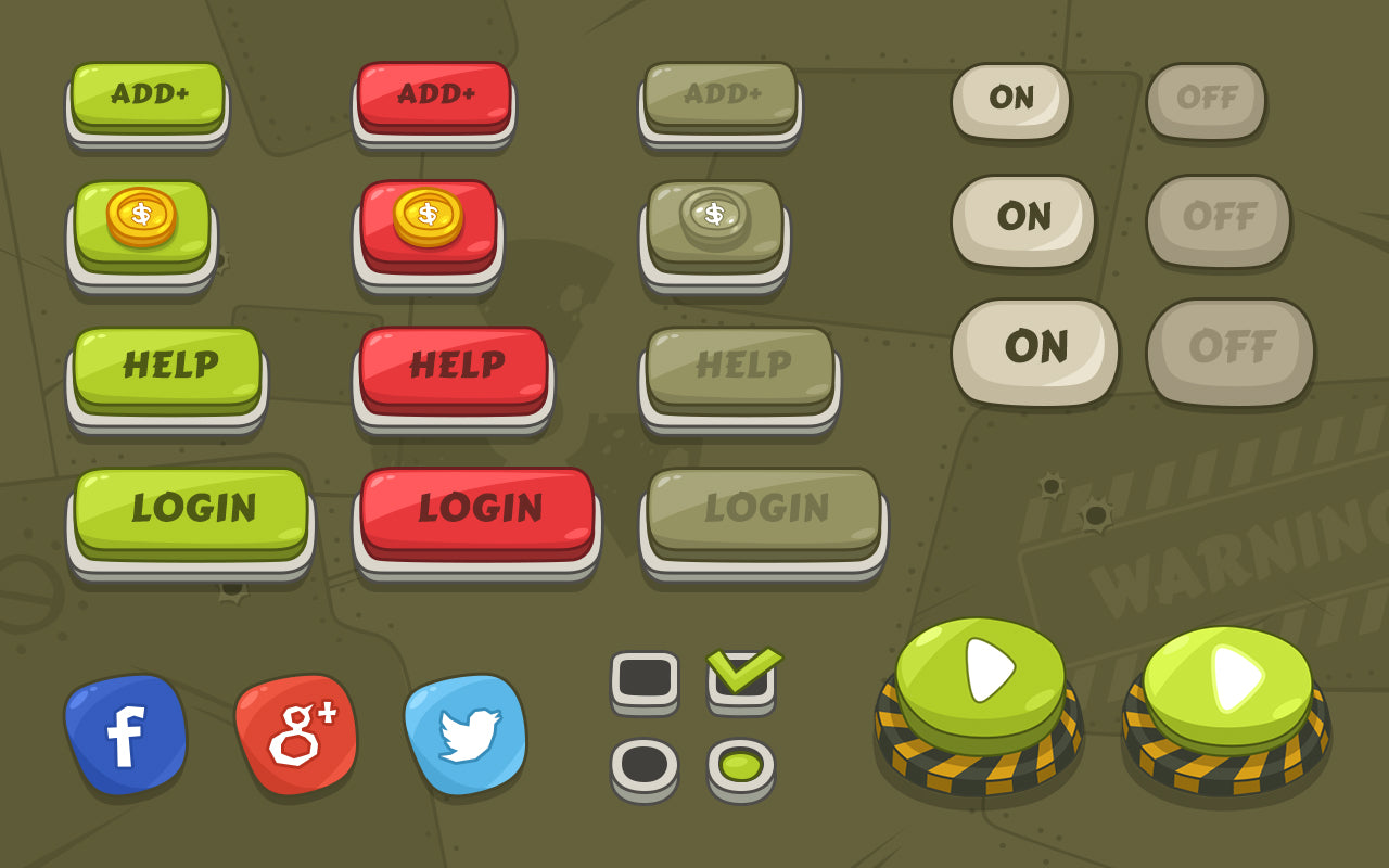 Cartoon military interface design with 99 elements, featuring military icons and graphics for game or app UI by LAYERLAB Shop