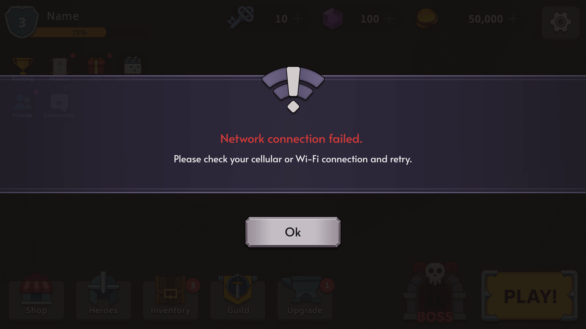 Fantasy RPG mobile game network error popup UI with Wi-Fi icon and retry message, Layerlab, store.layerlab