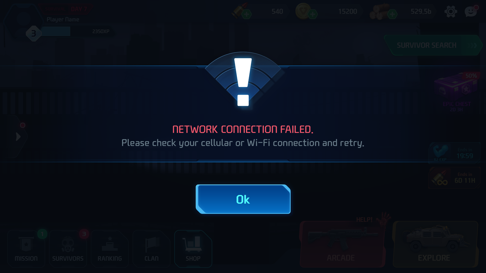 Interface image showing a 99 Error Network message on GUI Pro - Survival Clean by LAYERLAB Shop.