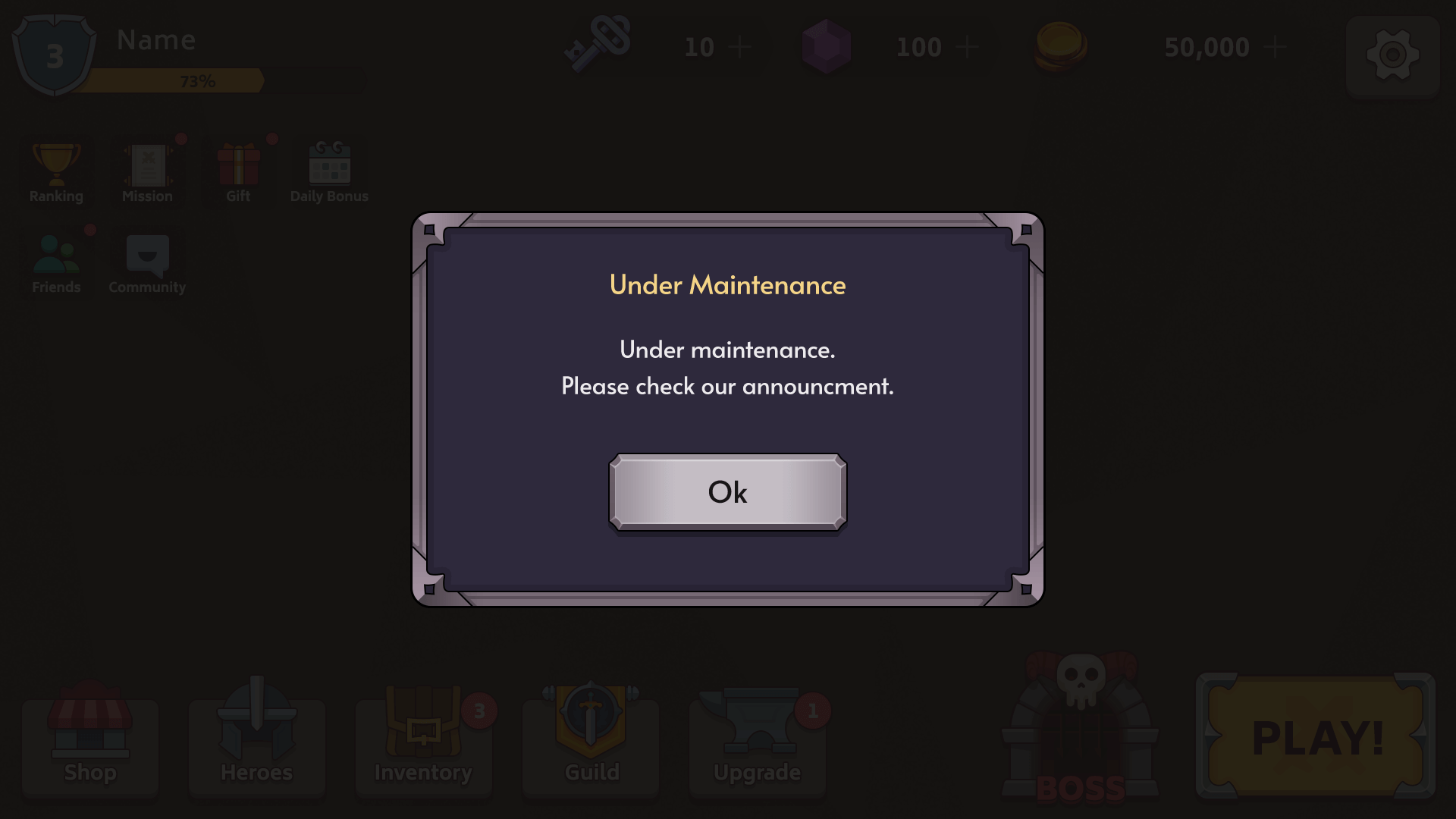 Fantasy RPG mobile game maintenance popup UI showing under maintenance notice and Ok button, Layerlab, store.layerlab