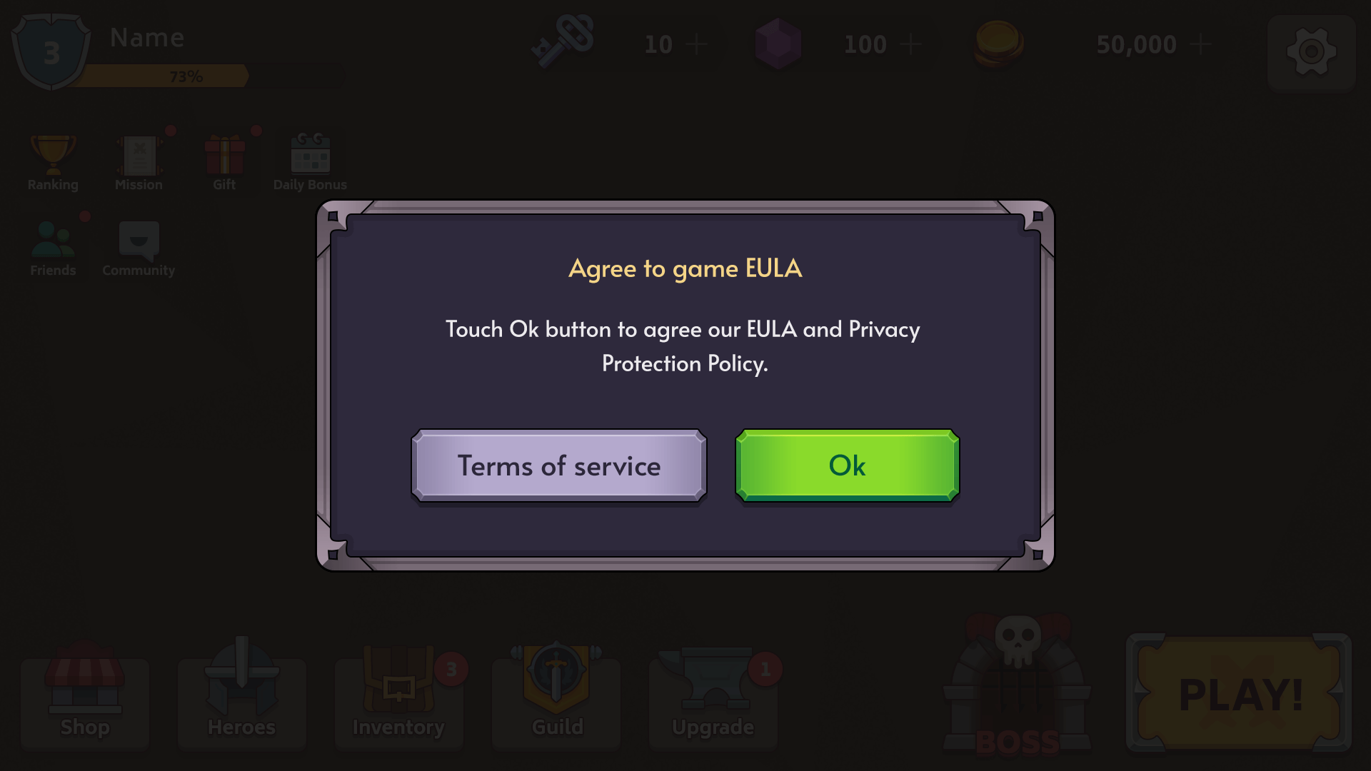 Fantasy RPG mobile game EULA and privacy agreement popup UI asking player to accept terms of service, Layerlab, store.layerlab