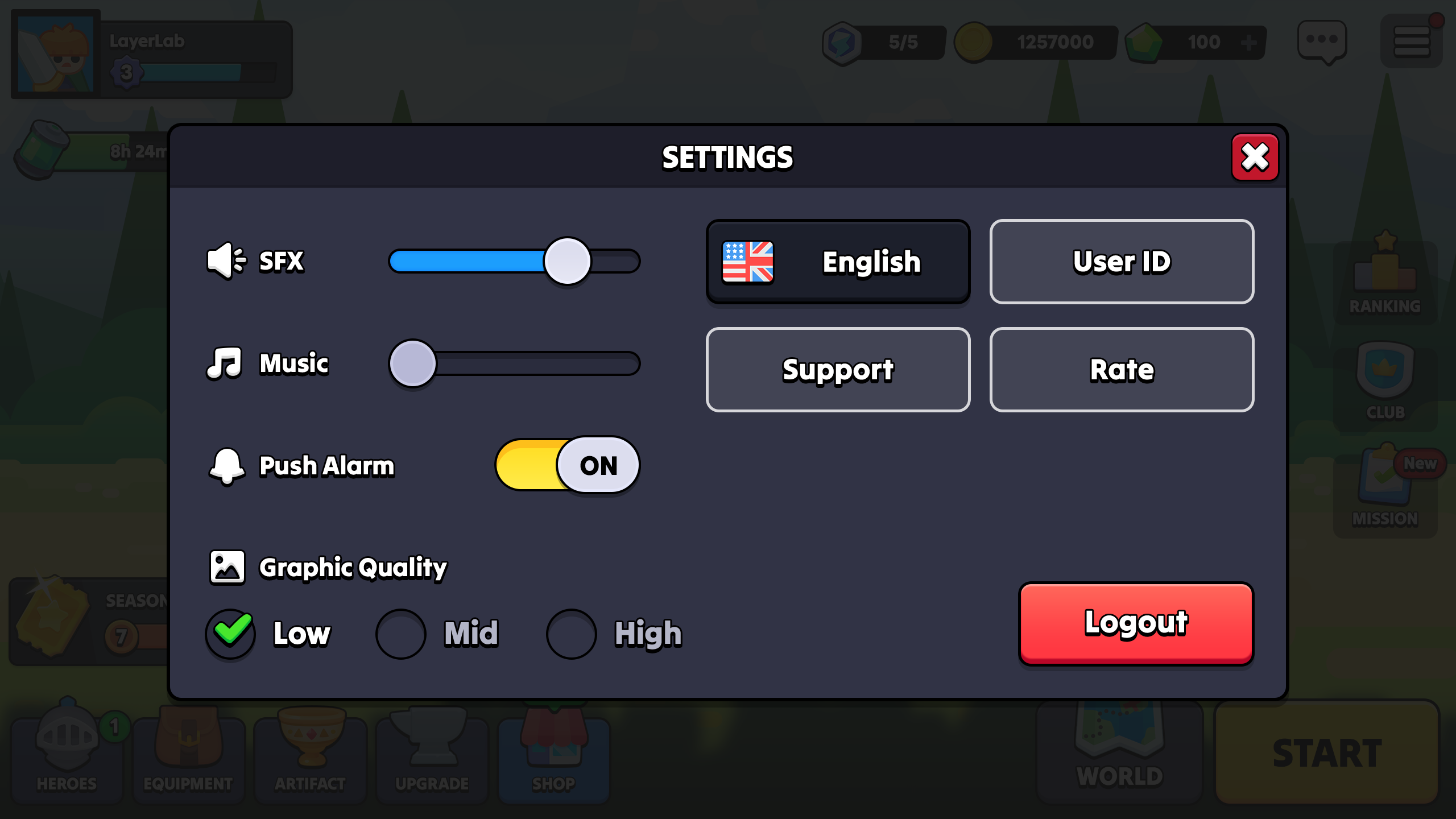 Settings screen UI showing sound, music, language, notification, and graphic quality options with logout button, casual mobile RPG interface, Layerlab, store.layerlab
