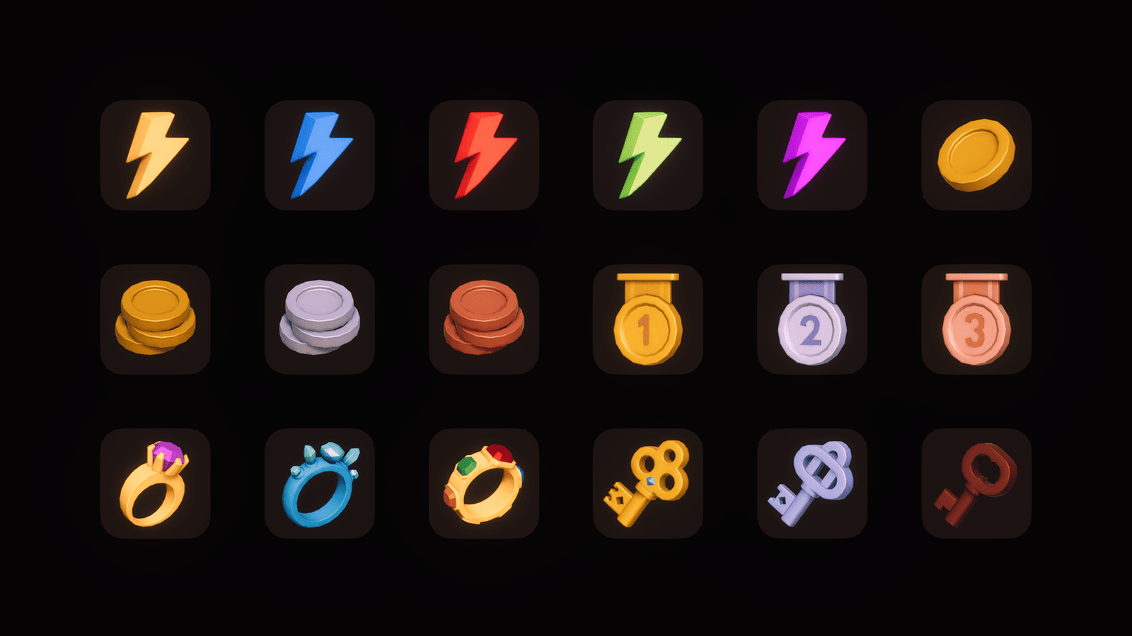 3D icons from LAYERLAB Shop featuring basic game-themed designs in vibrant colors and detailed 3D rendering.