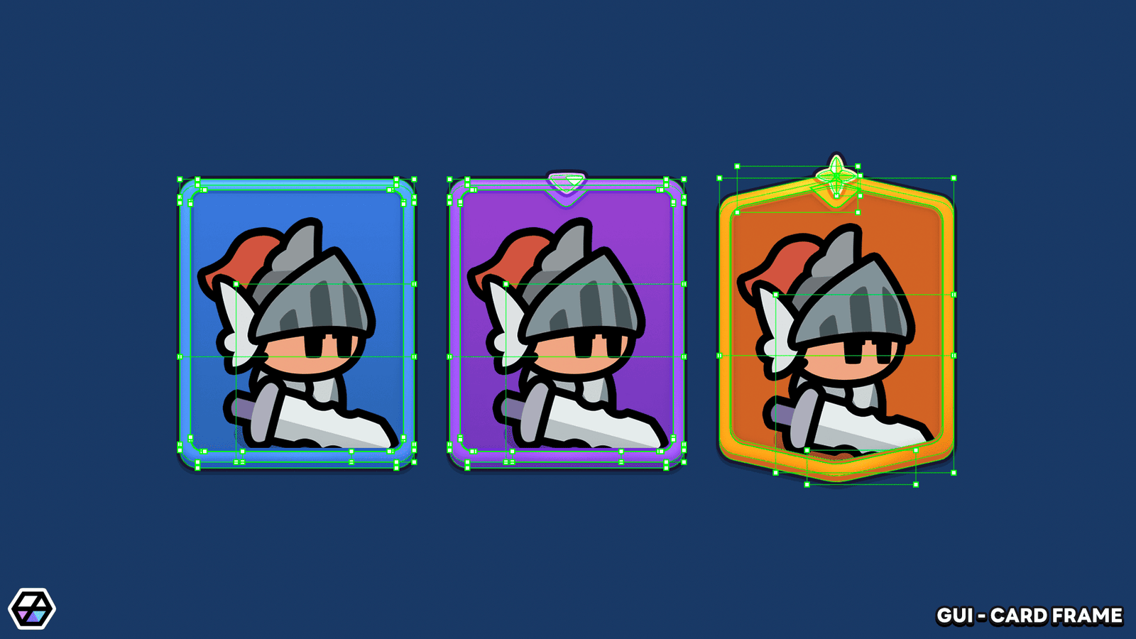 GUI card frame preview – gold, silver and bronze card borders for game ranking systems