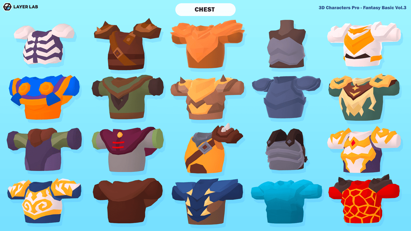 3D hero character model from LAYERLAB's Hero Core Vol.3 collection, showing detailed chest armor and vibrant design elements.