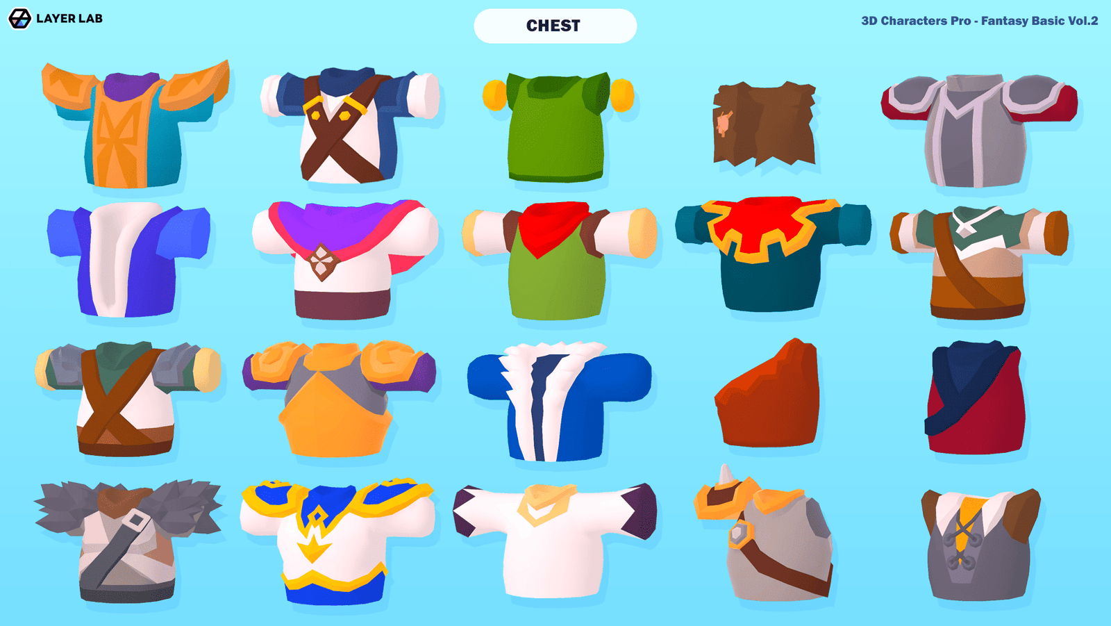 3D hero core character from LAYERLAB Shop, detailed chest design for 3D character modeling and animation.