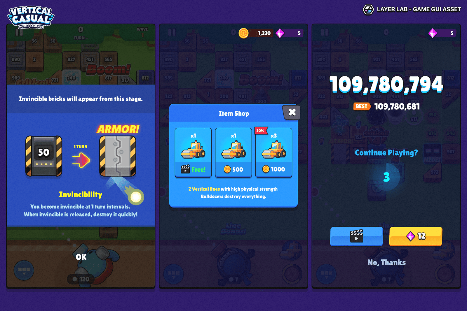 Colorful vertical interface pack from LAYERLAB for mobile puzzle and idle game projects, featuring casual, vibrant UI elements.