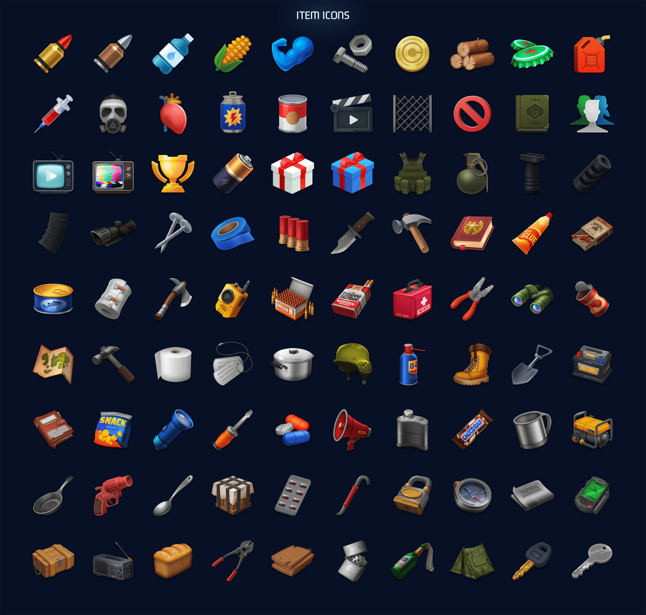 GUI Pro survival game UI kit item icons collection featuring various survival tools and resources.