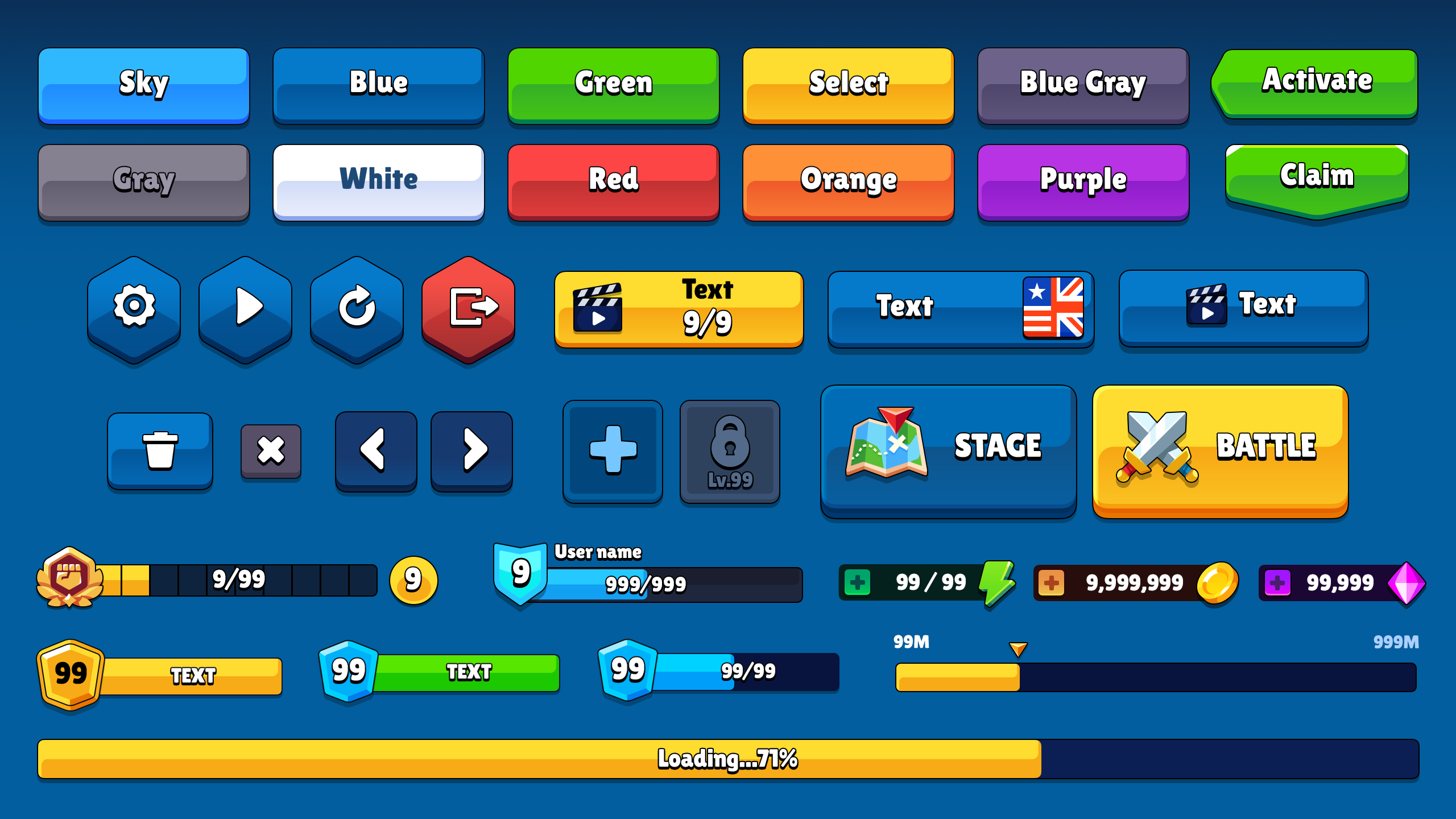 Casual game GUI kit interface showcasing buttons and loading bars with various color options.