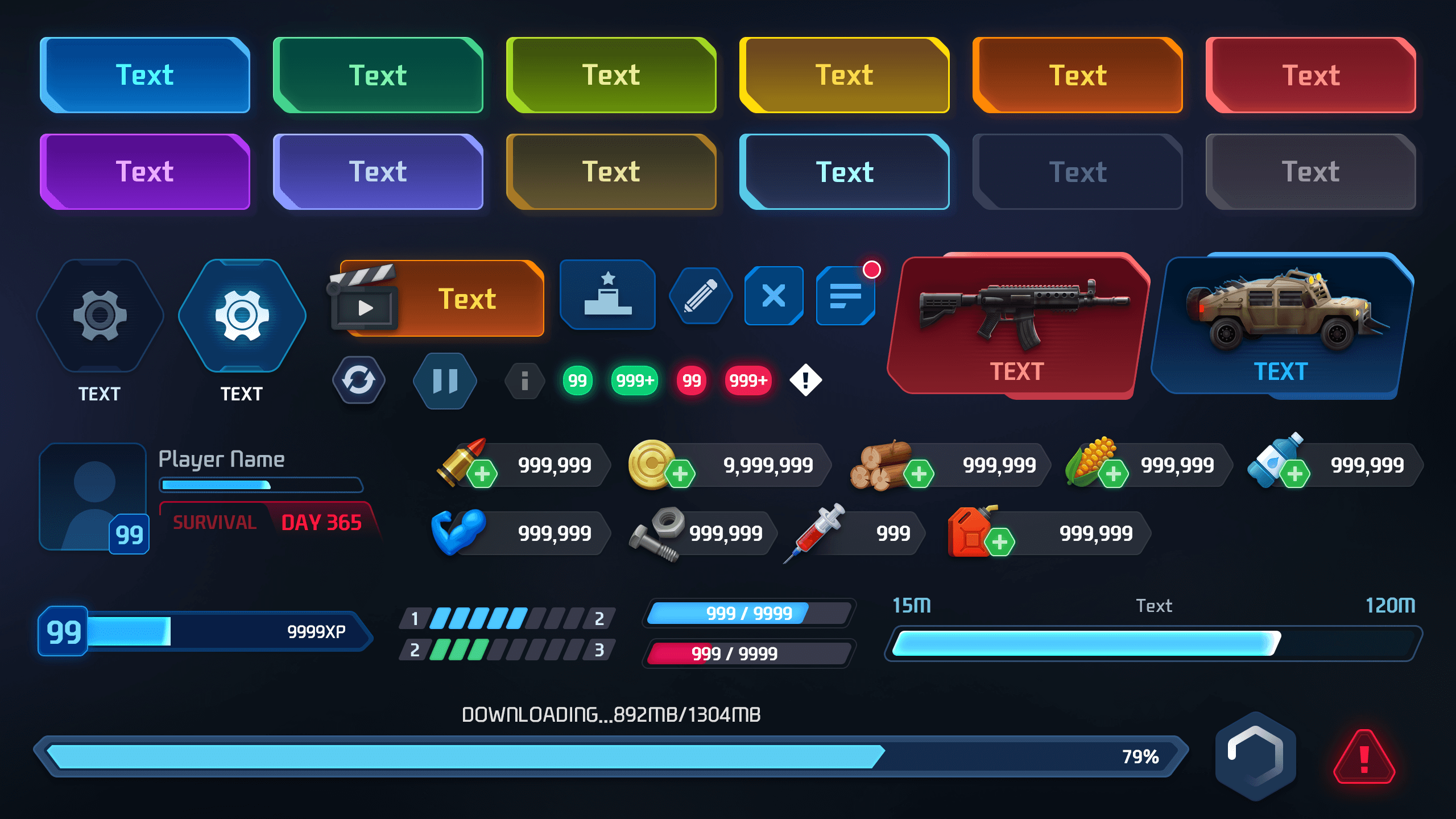 GUI Pro survival game UI kit showcasing interactive elements, player stats, and resource indicators.