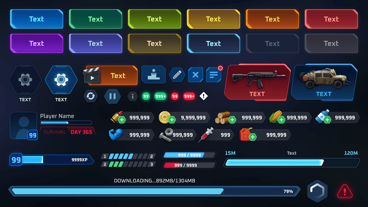 GUI Pro survival game UI kit showcasing interactive elements, player stats, and resource indicators.