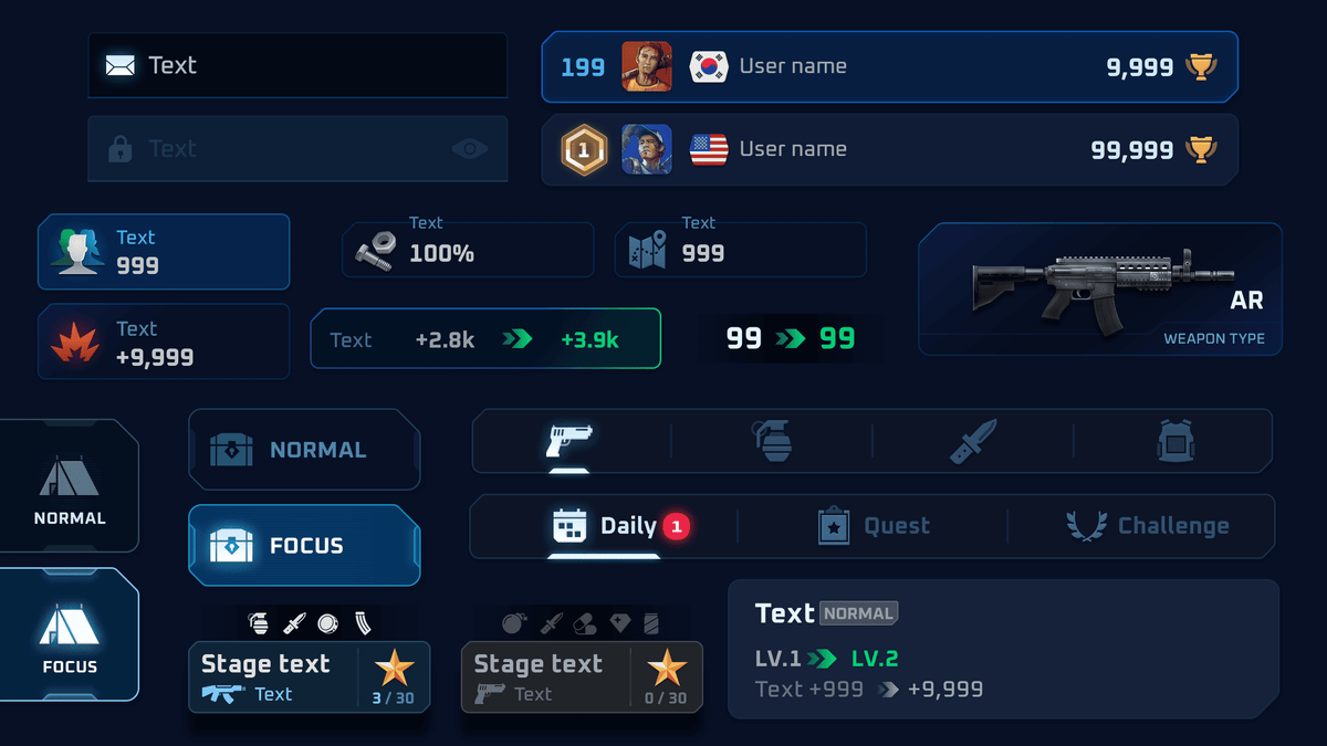 GUI Pro - Survival Clean interface illustrating survival game UI kit with focus elements and weapon type details.