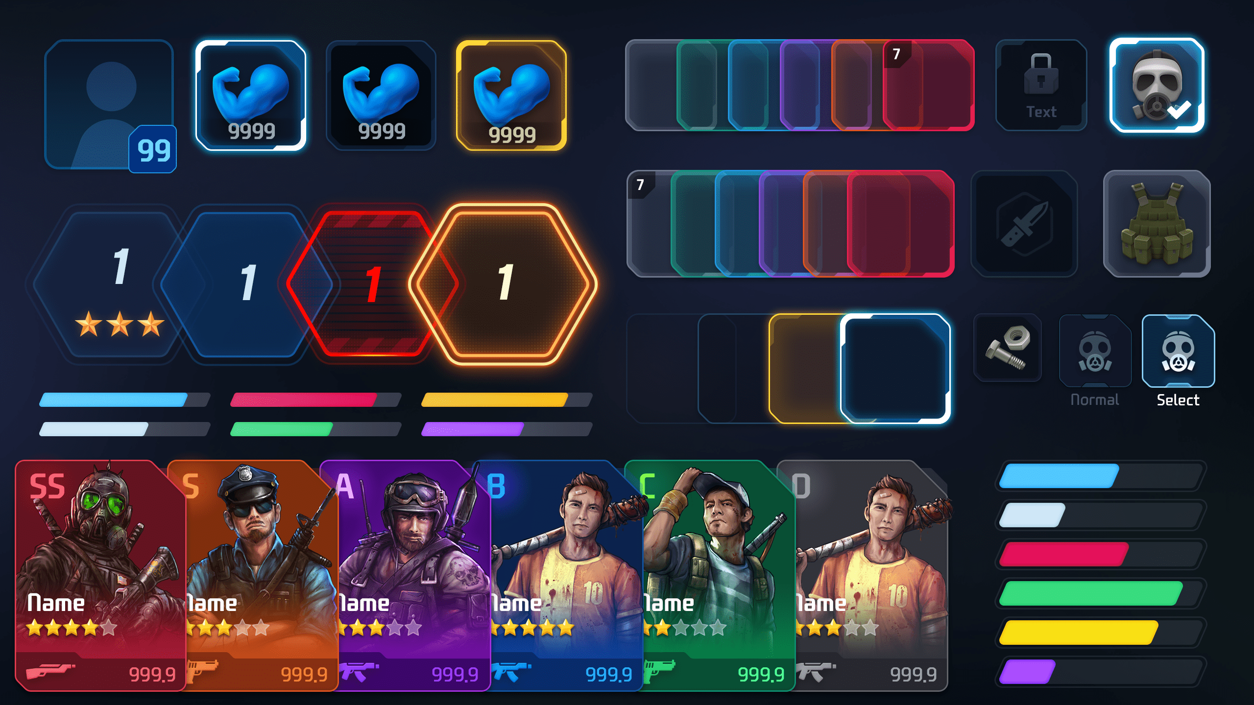 GUI Pro - Survival Clean user interface components showcasing survival game UI kit elements like health, stats, and character cards.