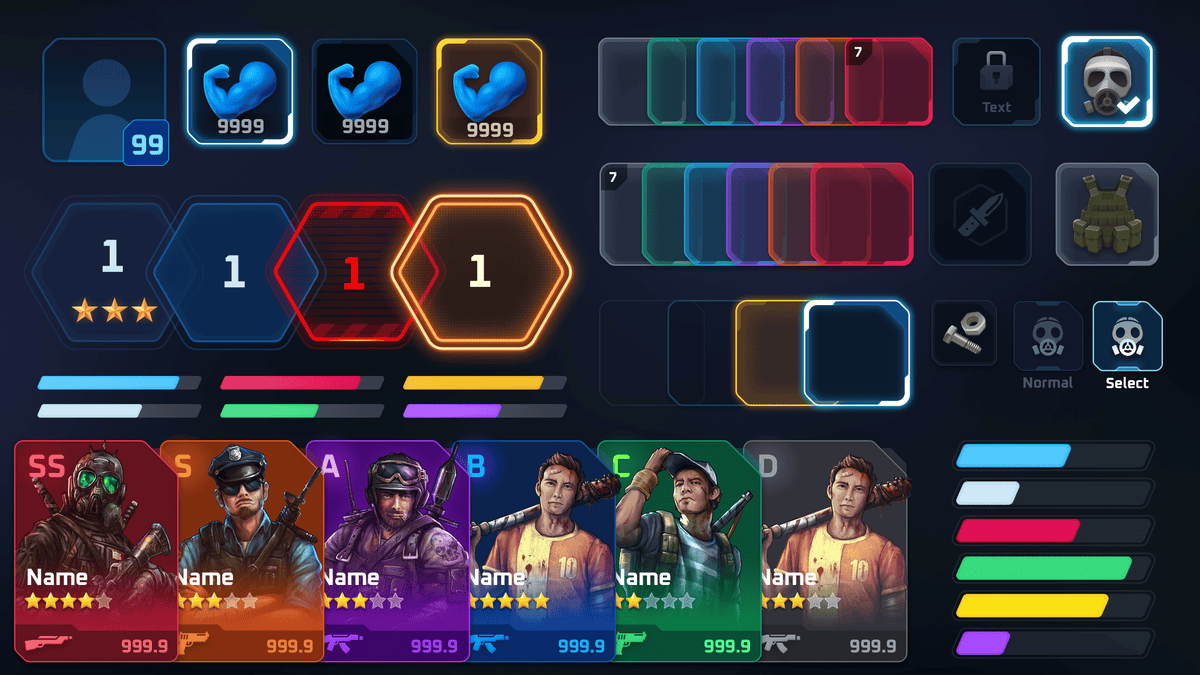 GUI Pro - Survival Clean user interface components showcasing survival game UI kit elements like health, stats, and character cards.