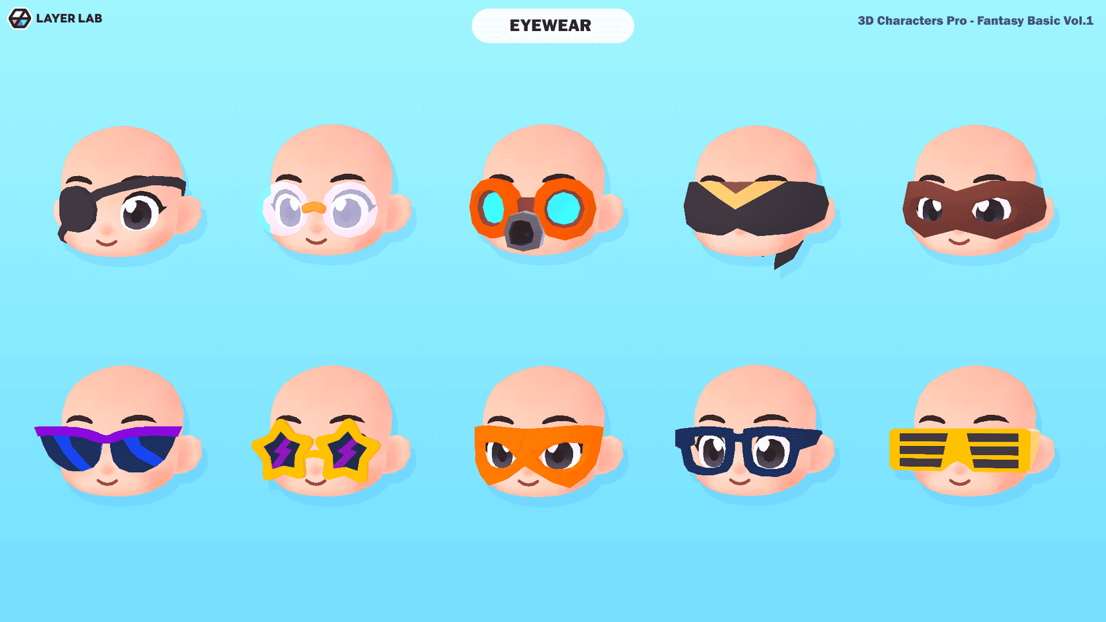 3D hero character from LAYERLAB Shop's Hero Core Vol.1 wearing stylish eyewear, showcasing detailed 3D character design.