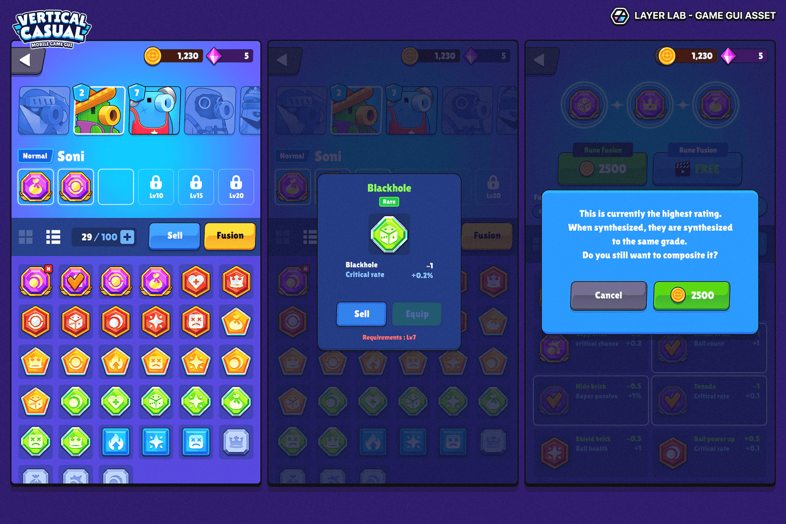 Vertical casual game interface GUI by LAYERLAB, featuring layered PSD sources for idle and clicker game UI design.