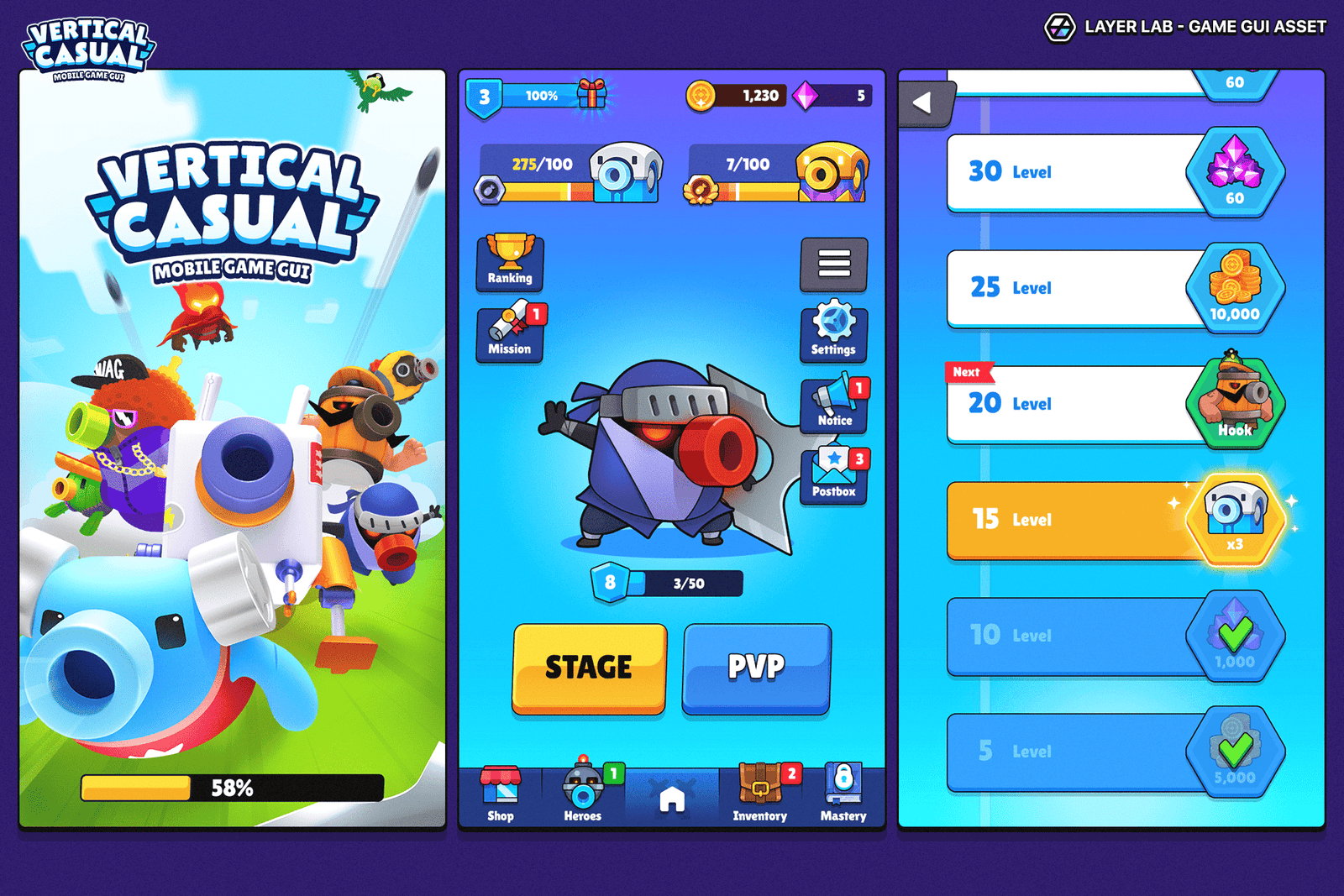Vertical casual mobile game interface GUI by LAYERLAB, featuring minimal design for idle and tap-based gameplay in PSD format.